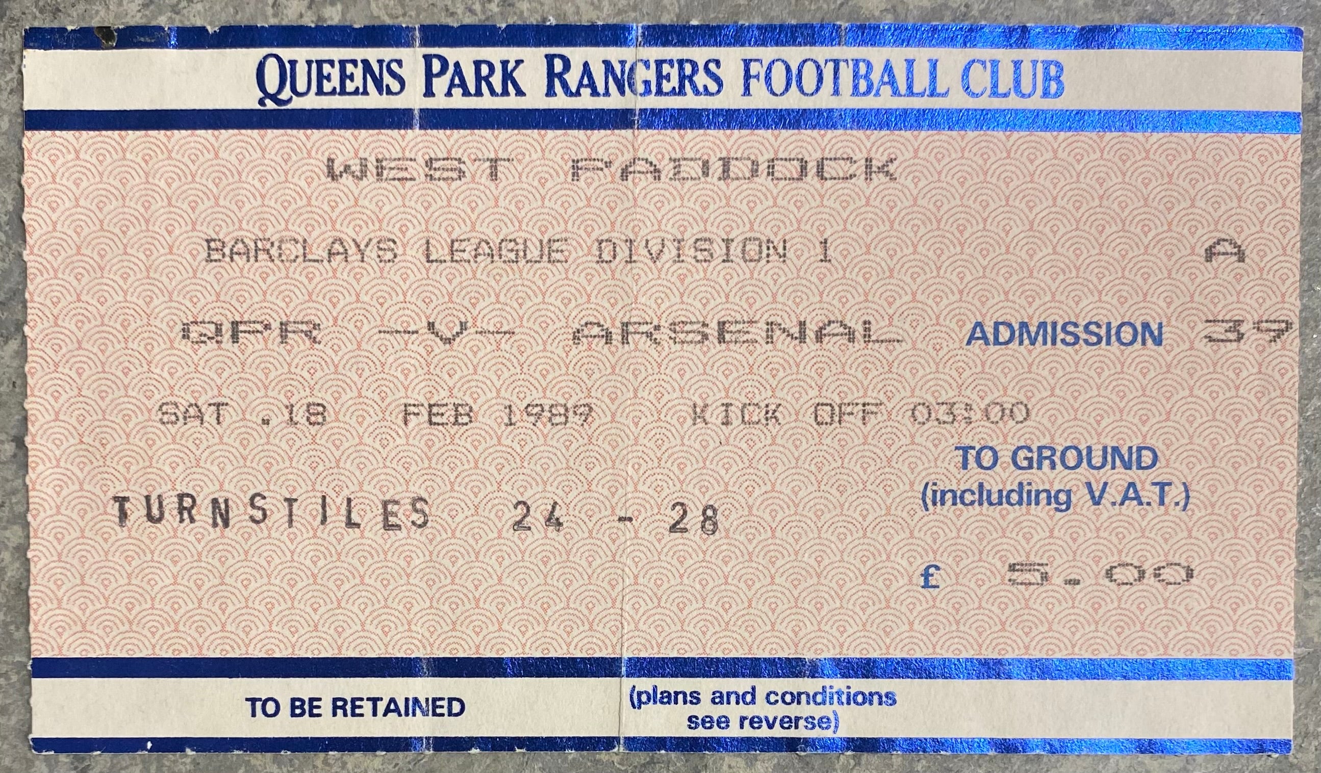 1988/89 ORIGINAL DIVISION ONE TICKET QUEENS PARK RANGERS V ARSENAL