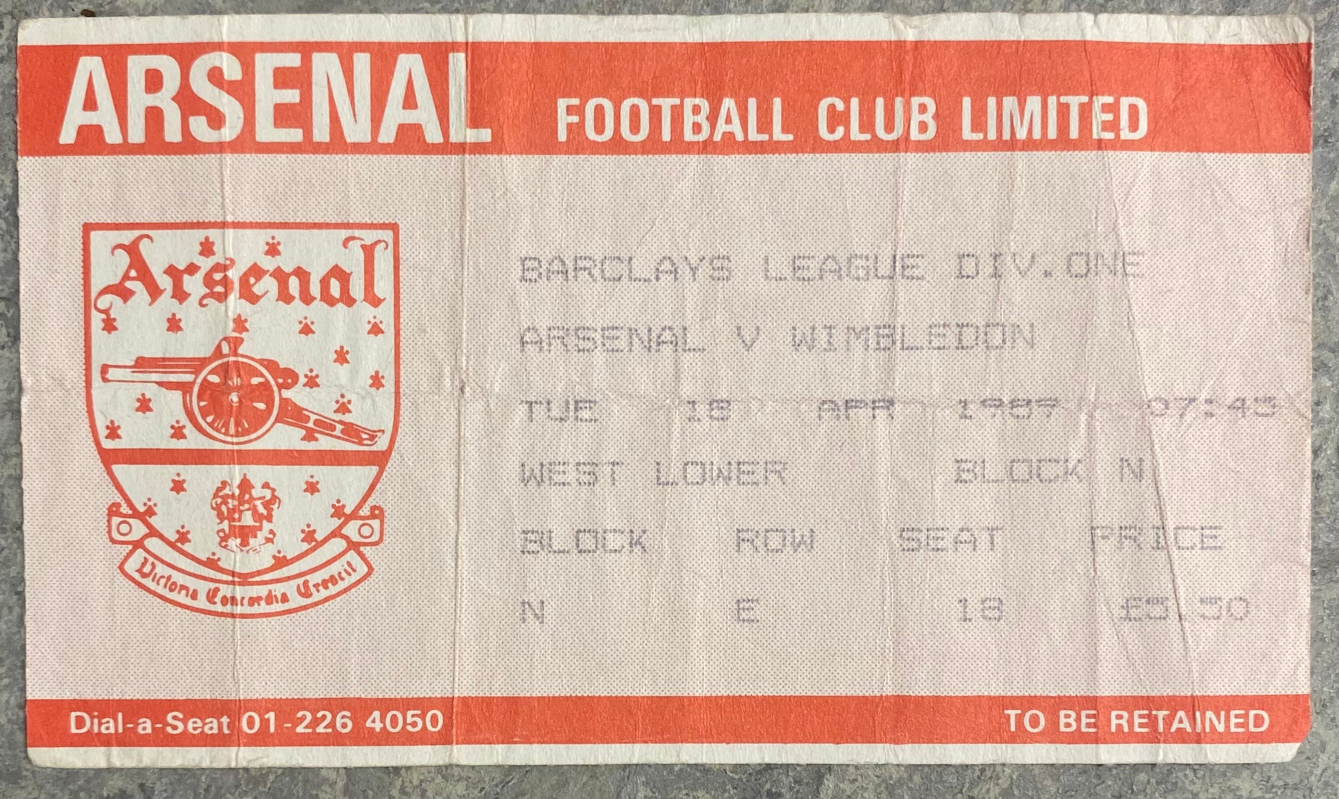 1988/89 ORIGINAL DIVISION ONE TICKET ARSENAL V WIMBLEDON
