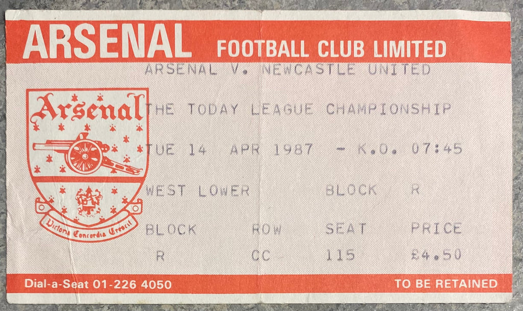 1986/87 ORIGINAL DIVISION ONE TICKET ARSENAL V NEWCASTLE UNITED