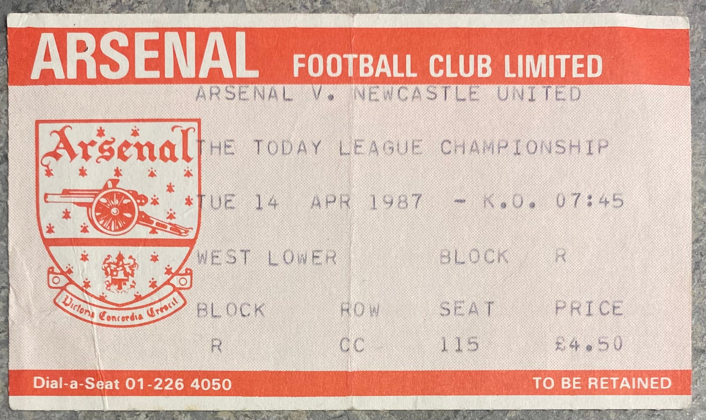 1986/87 ORIGINAL DIVISION ONE TICKET ARSENAL V NEWCASTLE UNITED