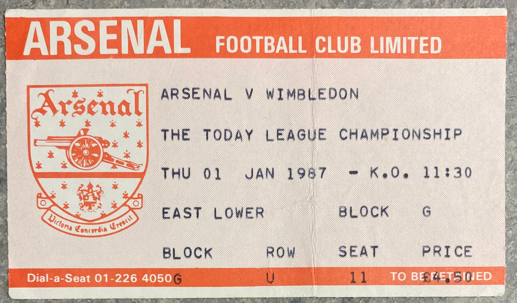 1986/87 ORIGINAL DIVISION ONE TICKET ARSENAL V WIMBLEDON