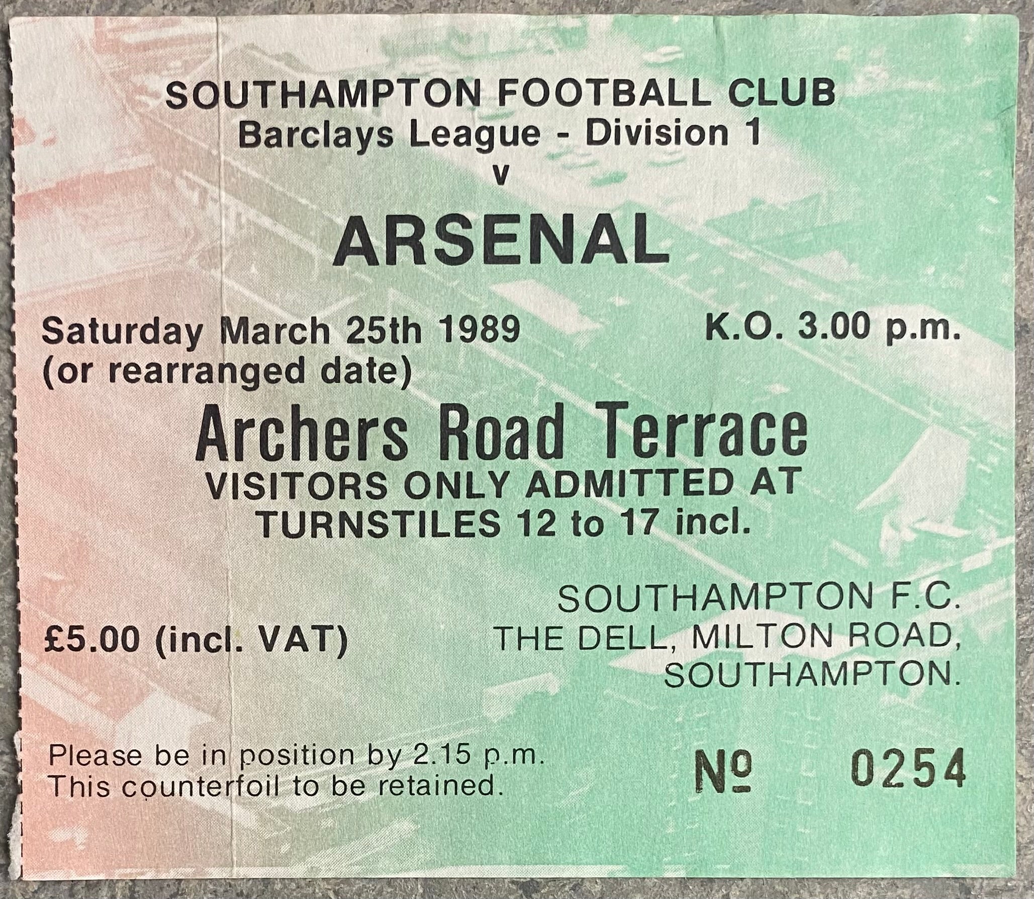 1988/89 ORIGINAL DIVISION ONE TICKET SOUTHAMPTON V ARSENAL