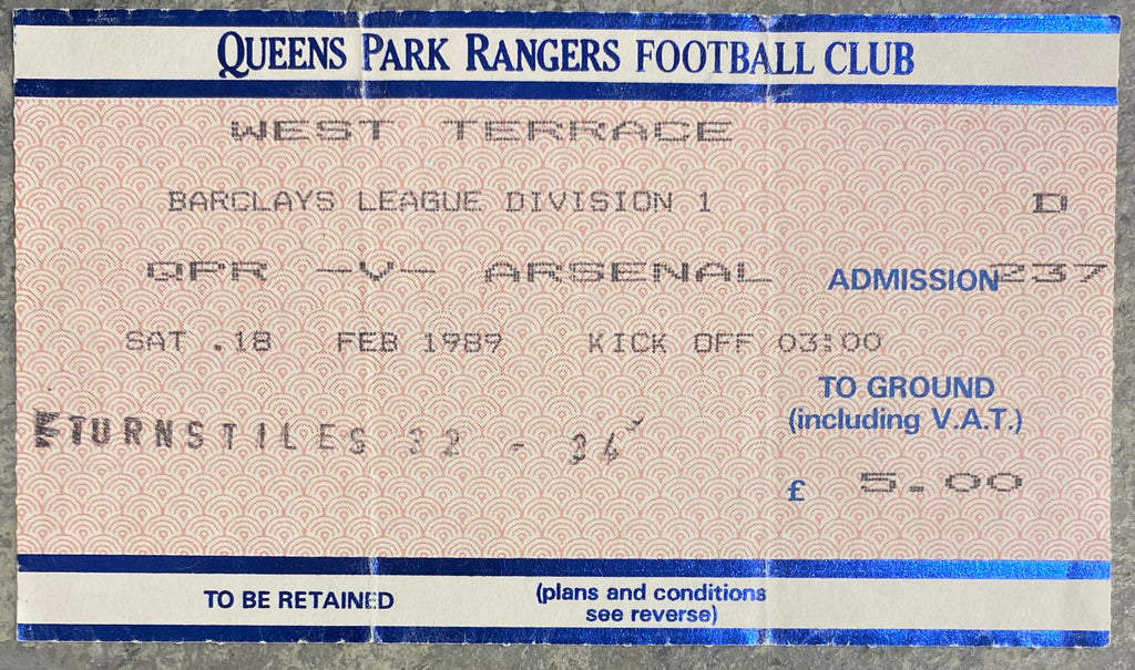 1988/89 ORIGINAL DIVISION ONE TICKET QUEENS PARK RANGERS V ARSENAL