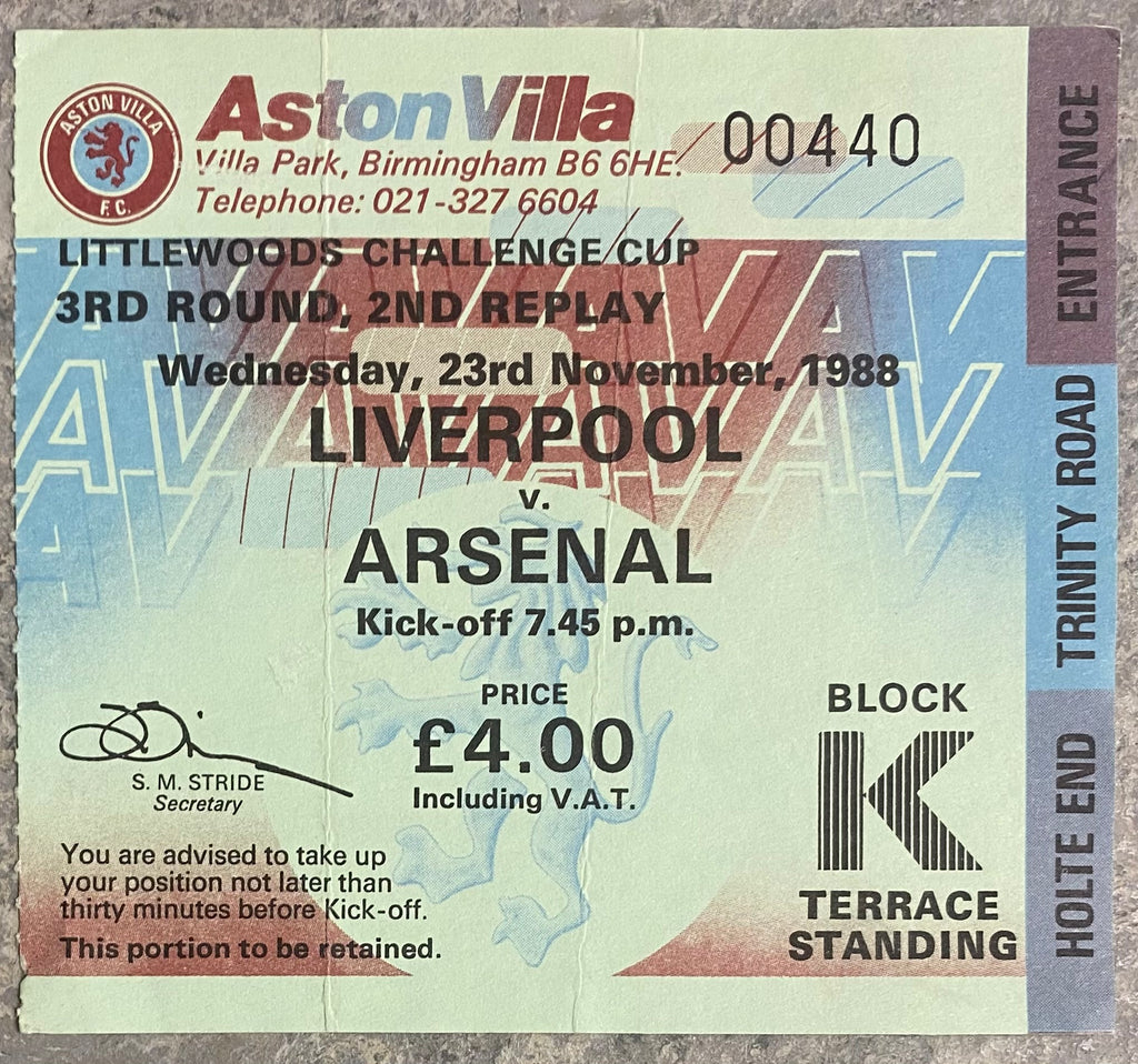 1988/89 ORIGINAL LITTLEWOODS CUP 3RD ROUND 2ND REPLAY TICKET ARSENAL V LIVERPOOL @ VILLA PARK