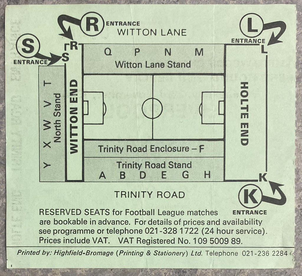 1988/89 ORIGINAL LITTLEWOODS CUP 3RD ROUND 2ND REPLAY TICKET ARSENAL V LIVERPOOL @ VILLA PARK