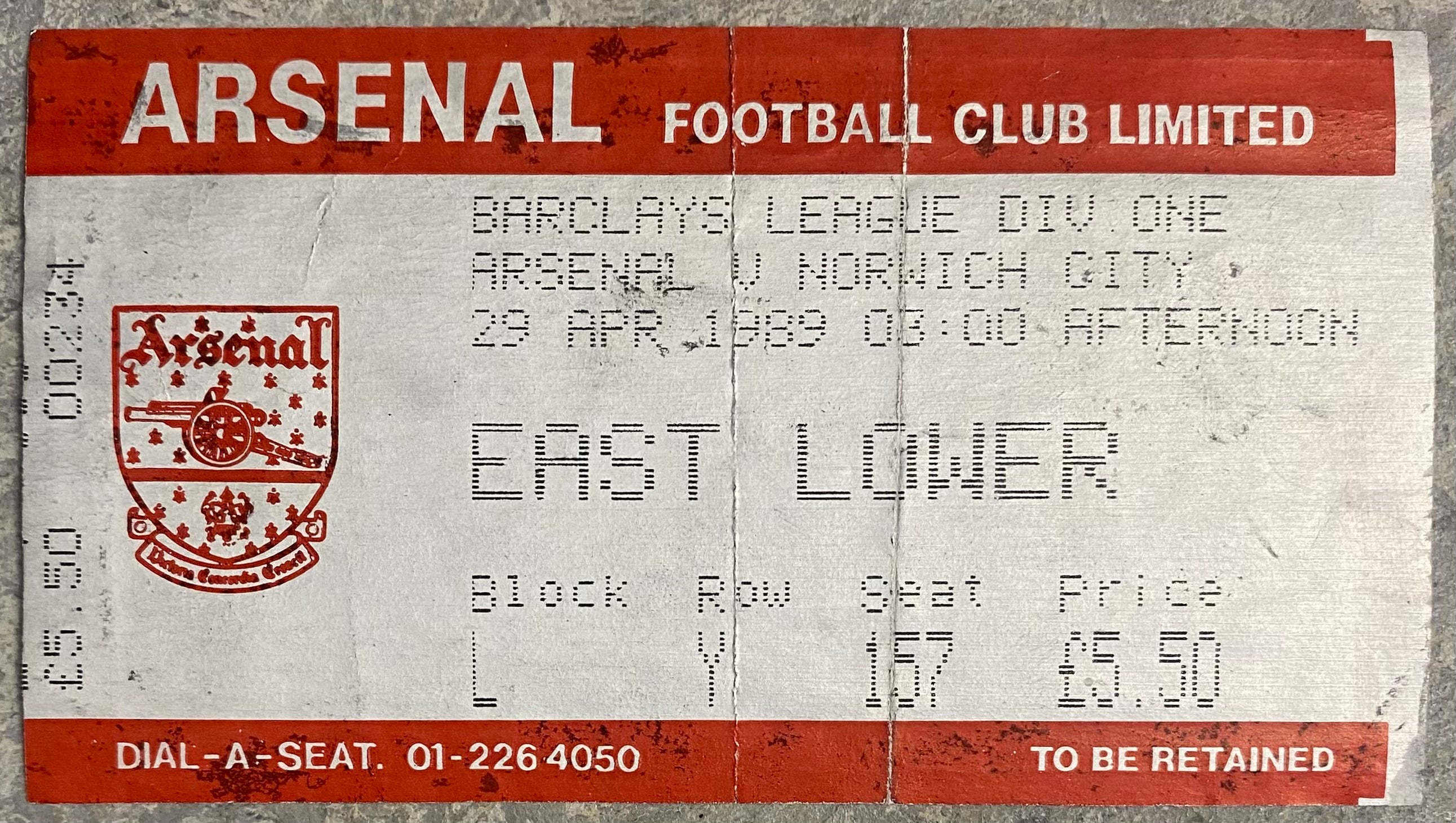 1988/89 ORIGINAL DIVISION ONE TICKET ARSENAL V NORWICH CITY