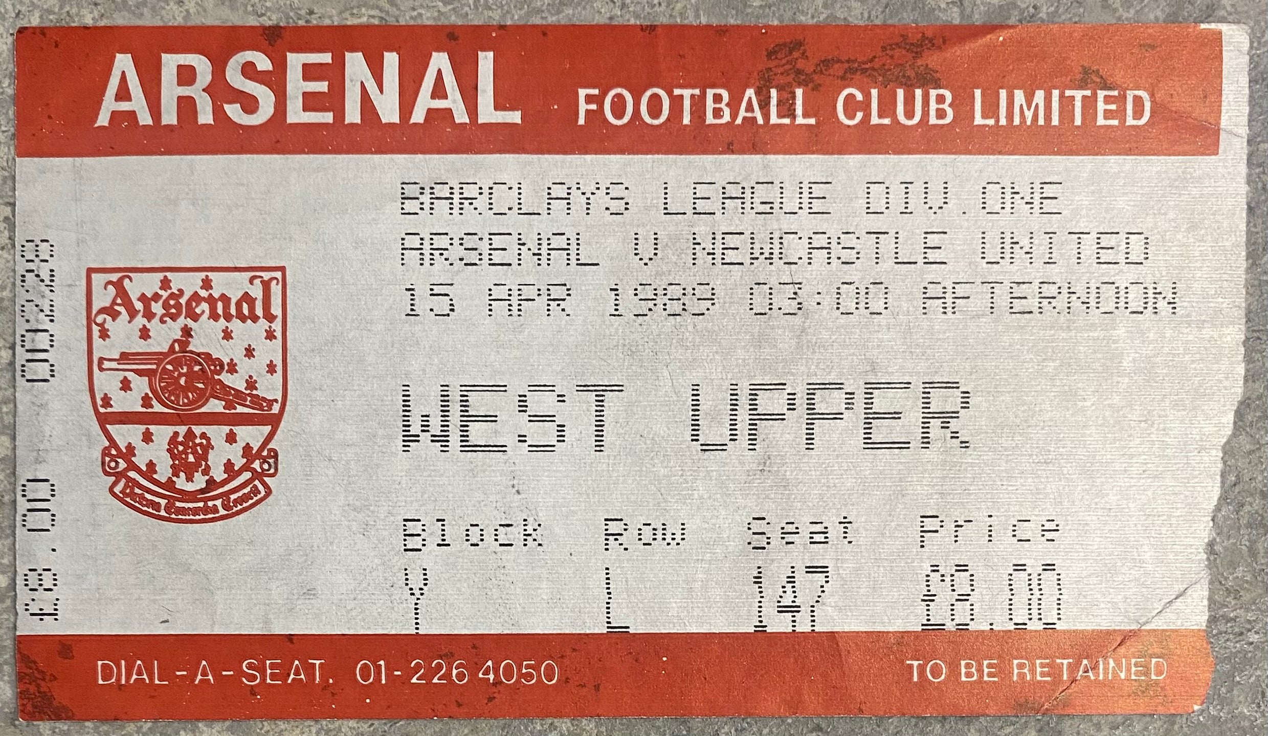 1988/89 ORIGINAL DIVISION ONE TICKET ARSENAL V NEWCASTLE UNITED
