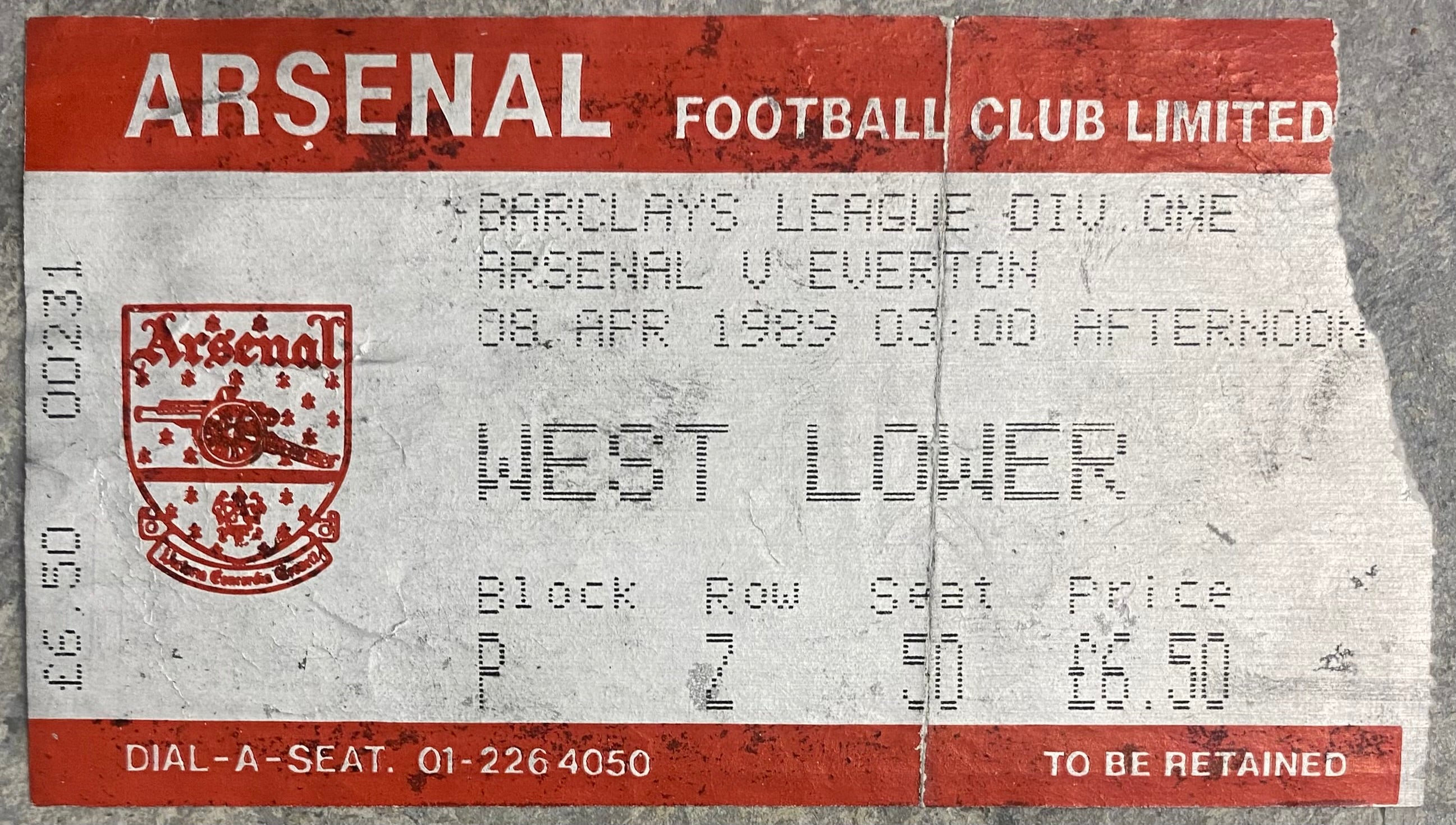 1988/89 ORIGINAL DIVISION ONE TICKET ARSENAL V EVERTON