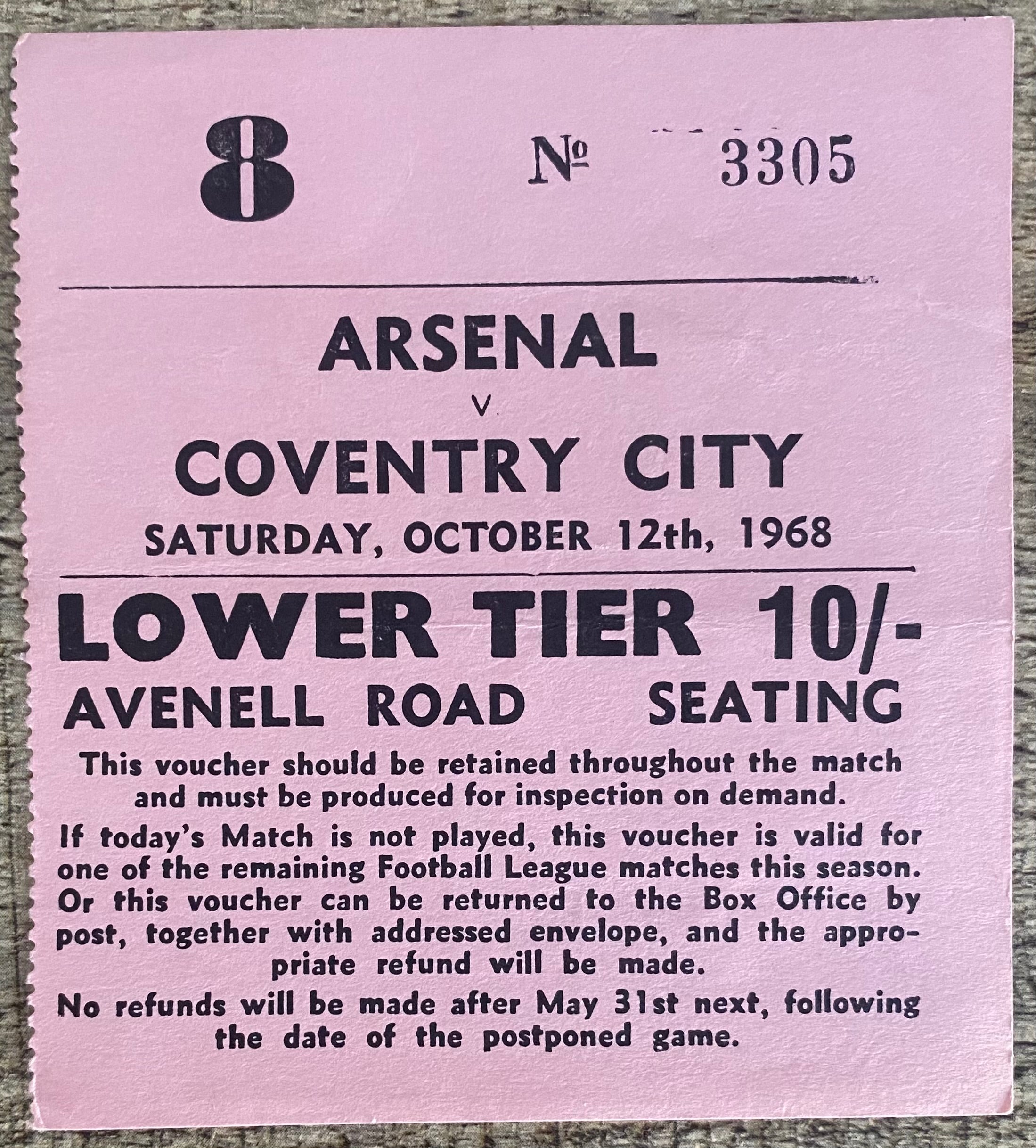 1968/69 ORIGINAL DIVISION ONE TICKET ARSENAL V COVENTRY CITY