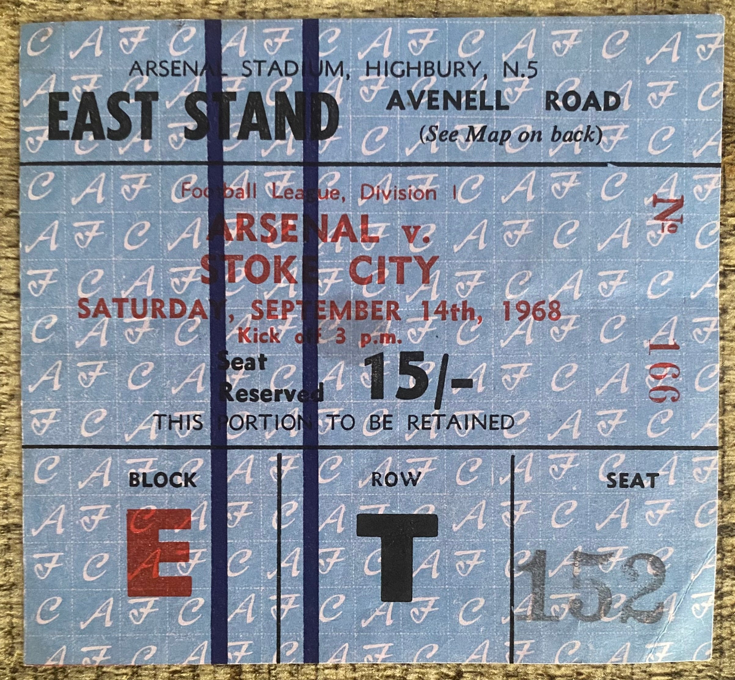 1968/69 ORIGINAL DIVISION ONE TICKET ARSENAL V STOKE CITY
