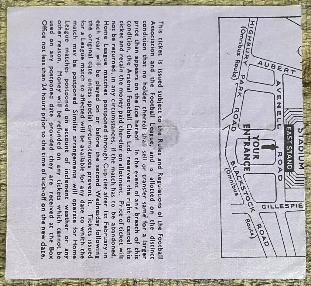 1968/69 ORIGINAL DIVISION ONE TICKET ARSENAL V STOKE CITY
