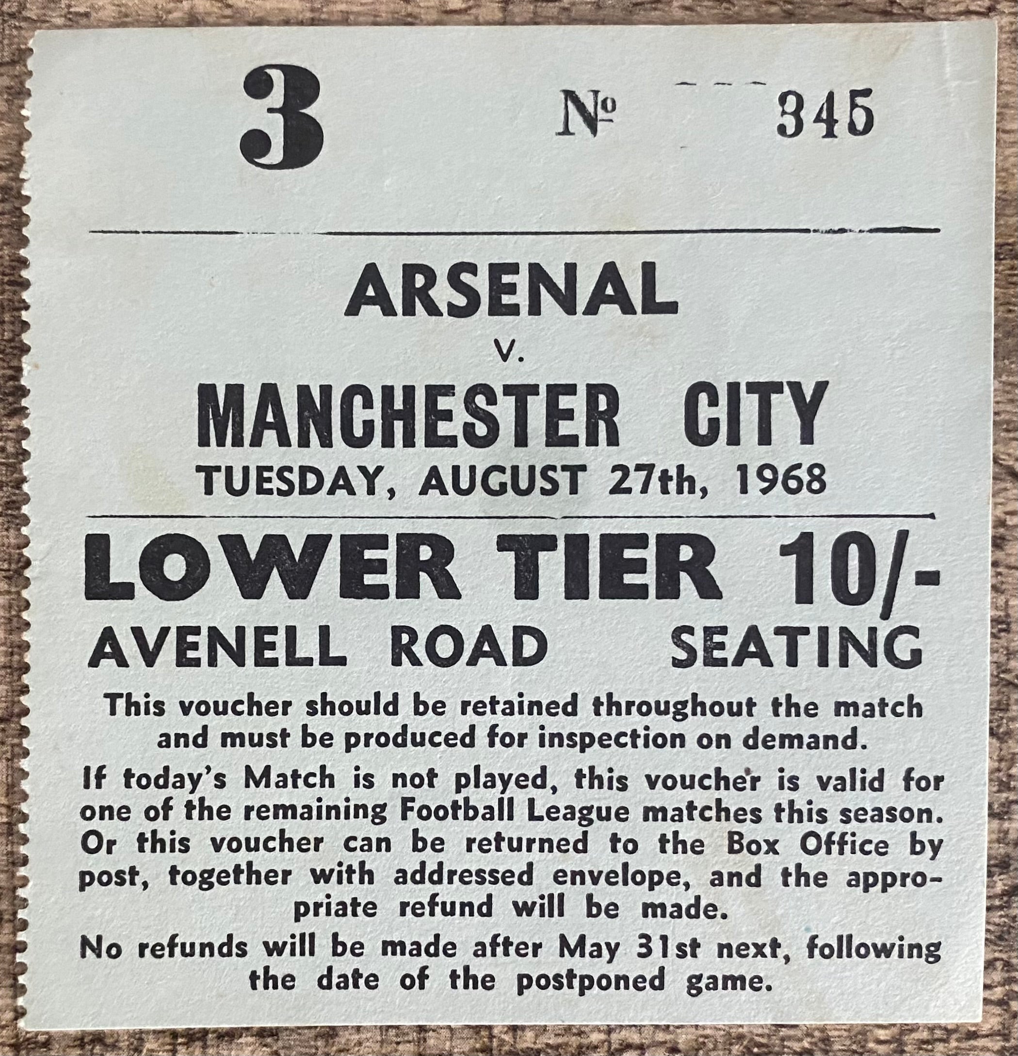 1968/69 ORIGINAL DIVISION ONE TICKET ARSENAL V MANCHESTER CITY
