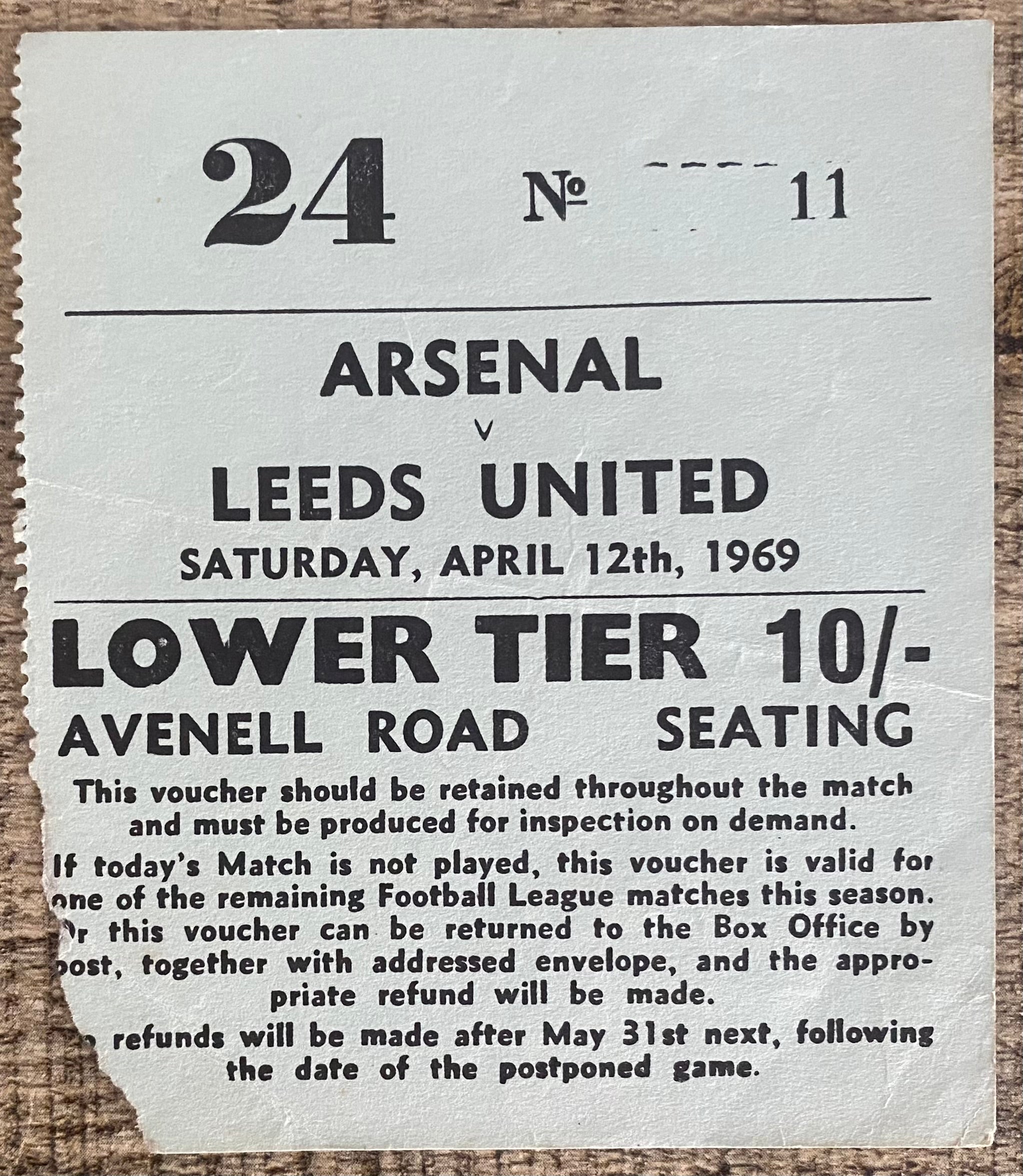 1968/69 ORIGINAL DIVISION ONE TICKET ARSENAL V LEEDS UNITED