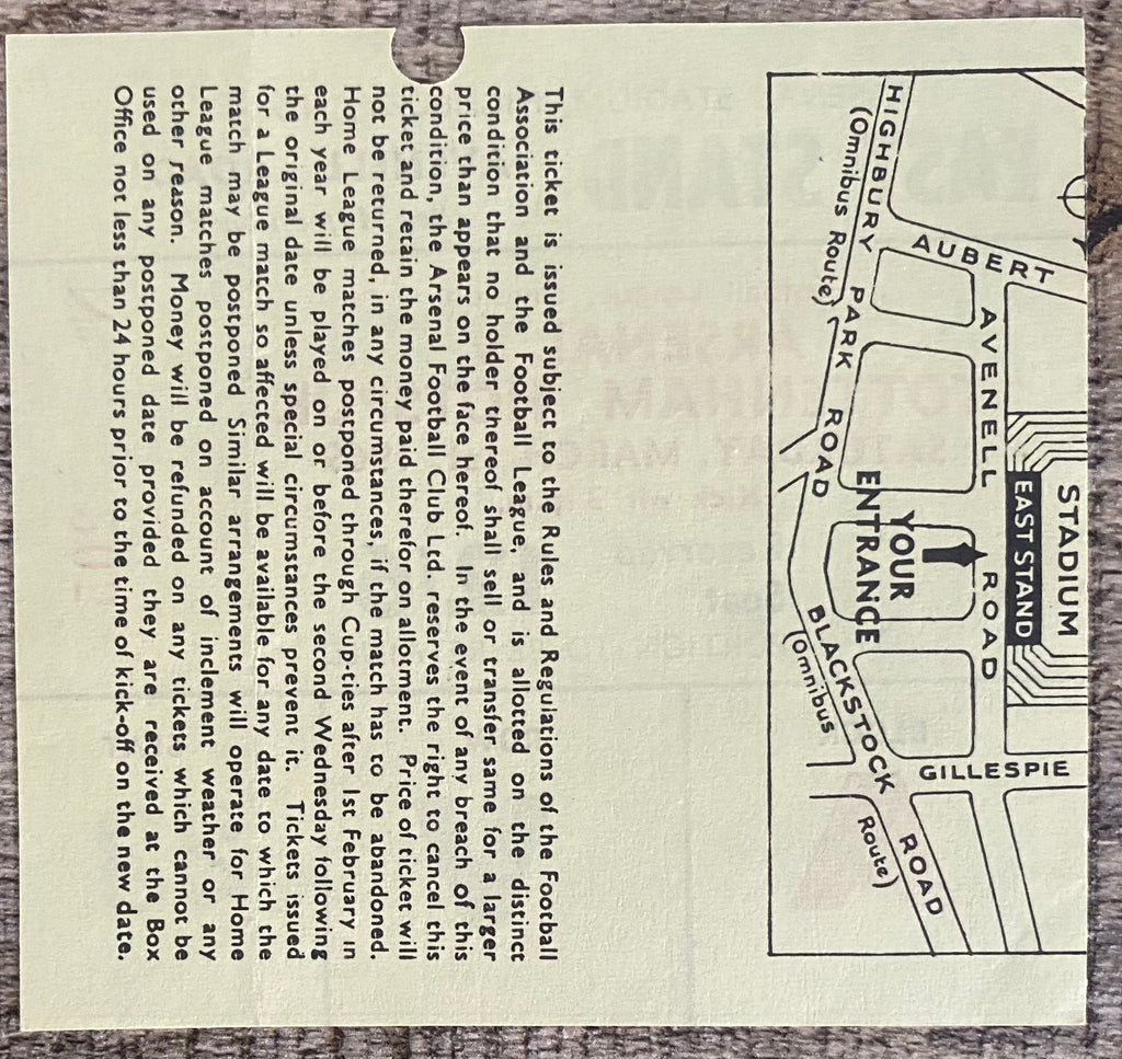1968/69 ORIGINAL DIVISION ONE TICKET ARSENAL V TOTTENHAM HOTSPUR