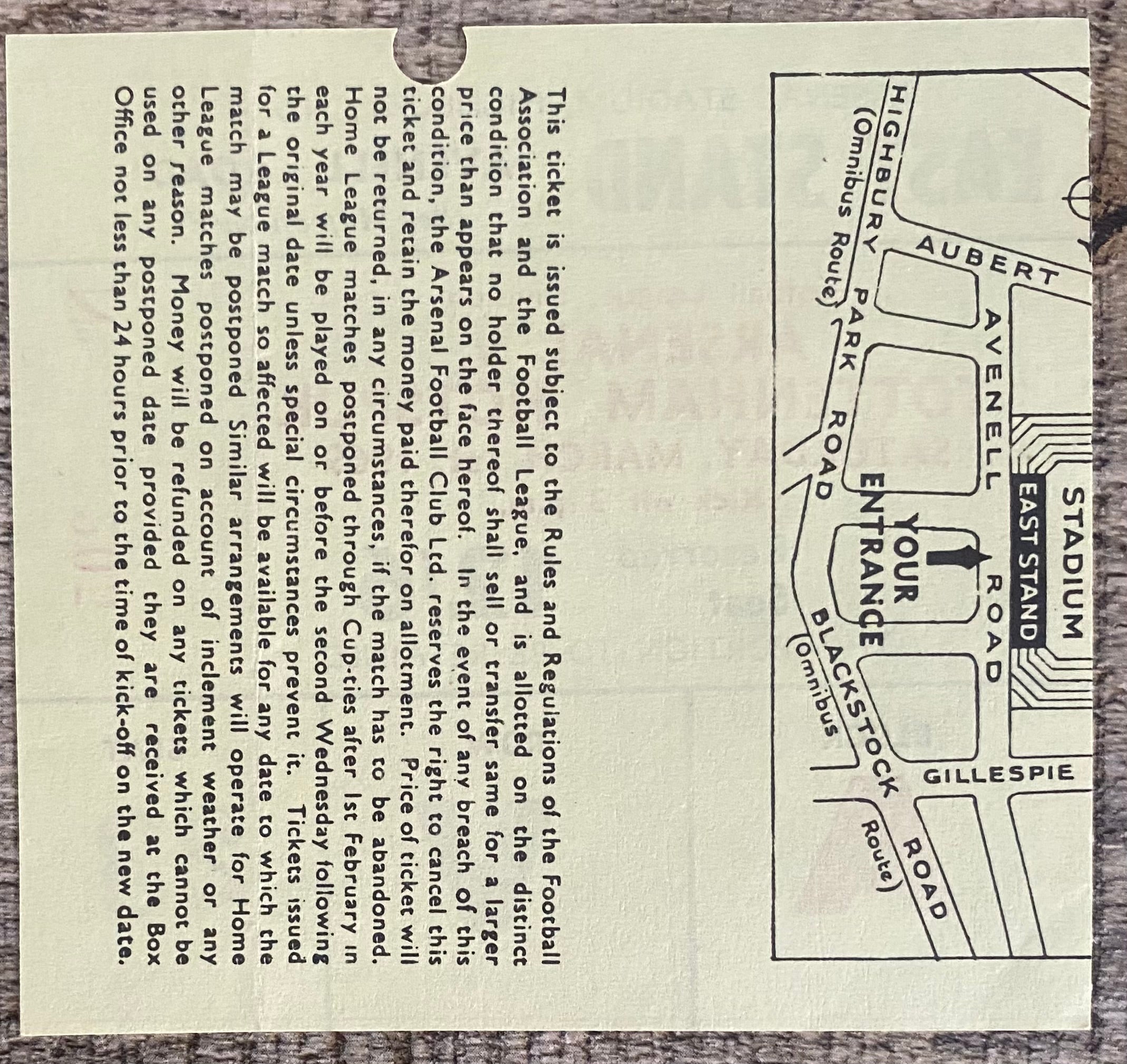 1968/69 ORIGINAL DIVISION ONE TICKET ARSENAL V TOTTENHAM HOTSPUR
