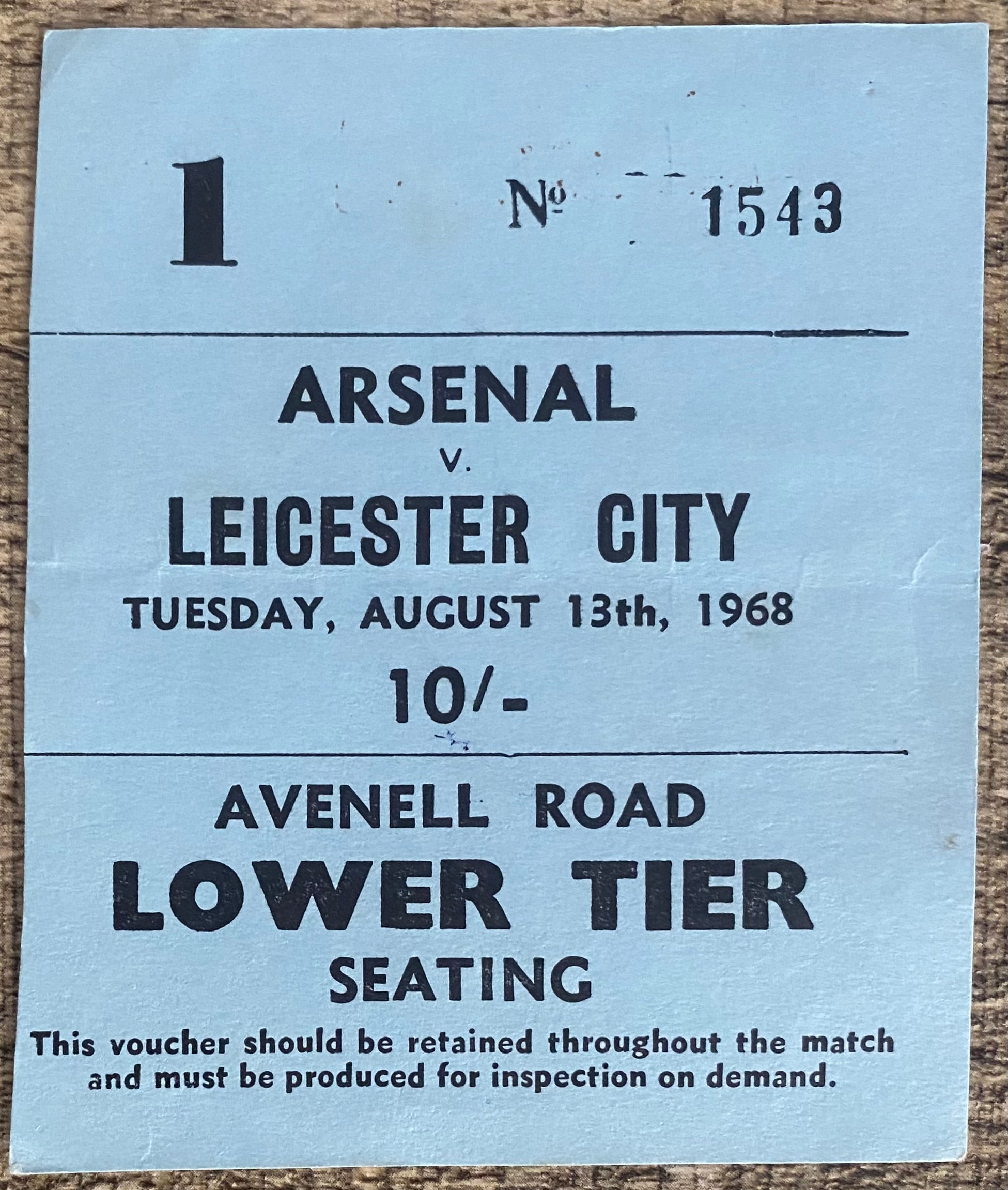1968/69 ORIGINAL DIVISION ONE TICKET ARSENAL V LEICESTER CITY