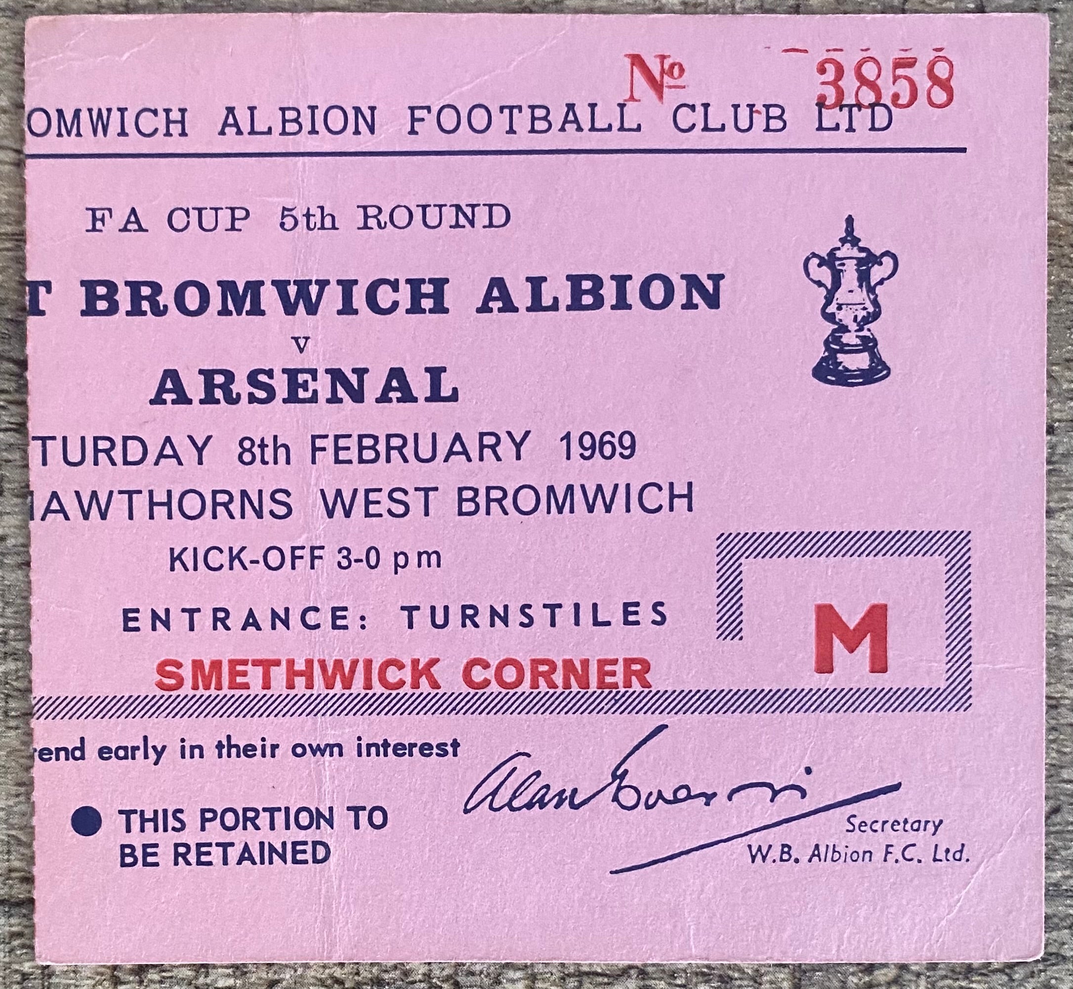 1968/69 ORIGINAL FA CUP 5TH ROUND TICKET WEST BROMWICH ALBION V ARSENAL