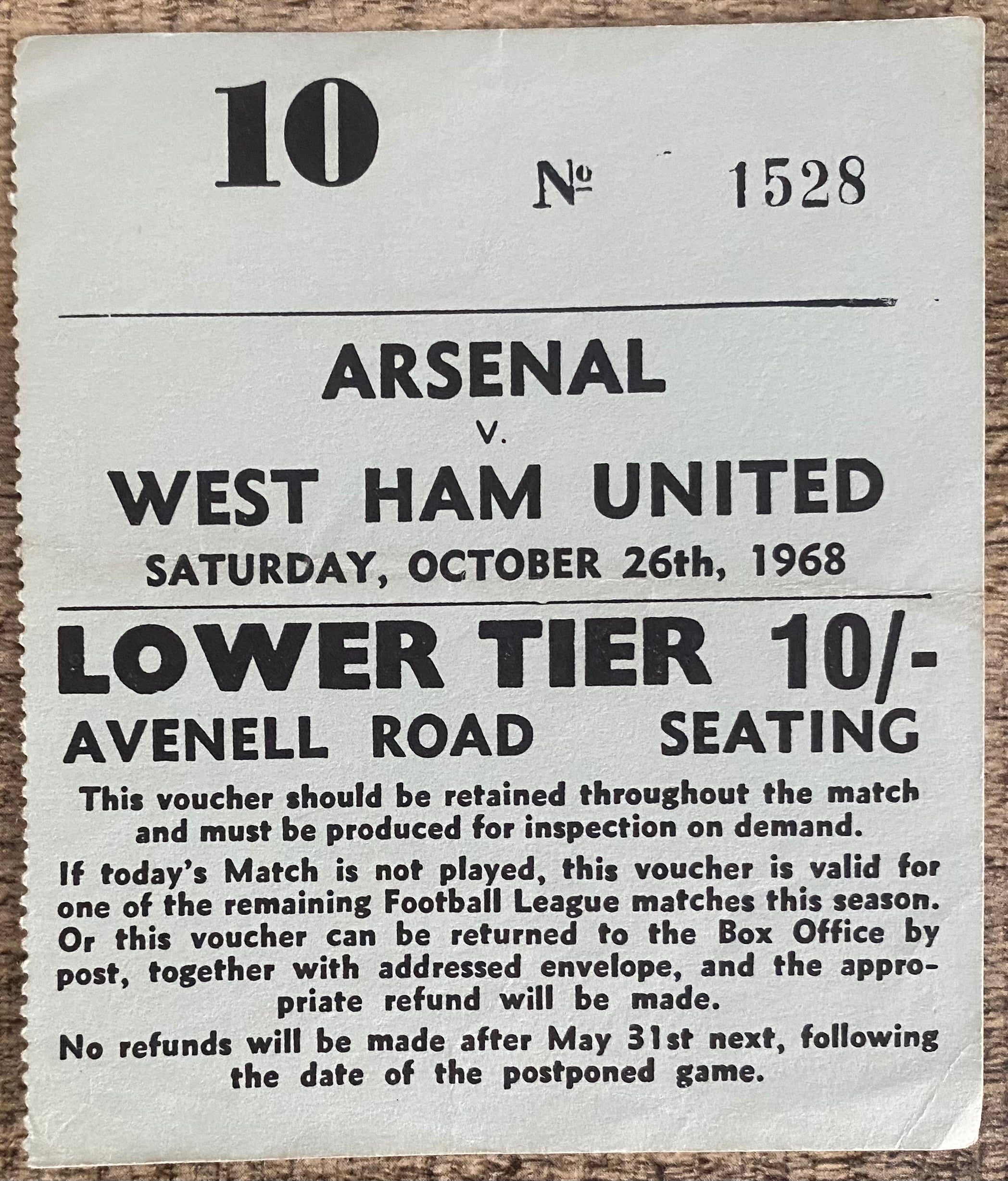 1968/69 ORIGINAL DIVISION ONE TICKET ARSENAL V WEST HAM UNITED