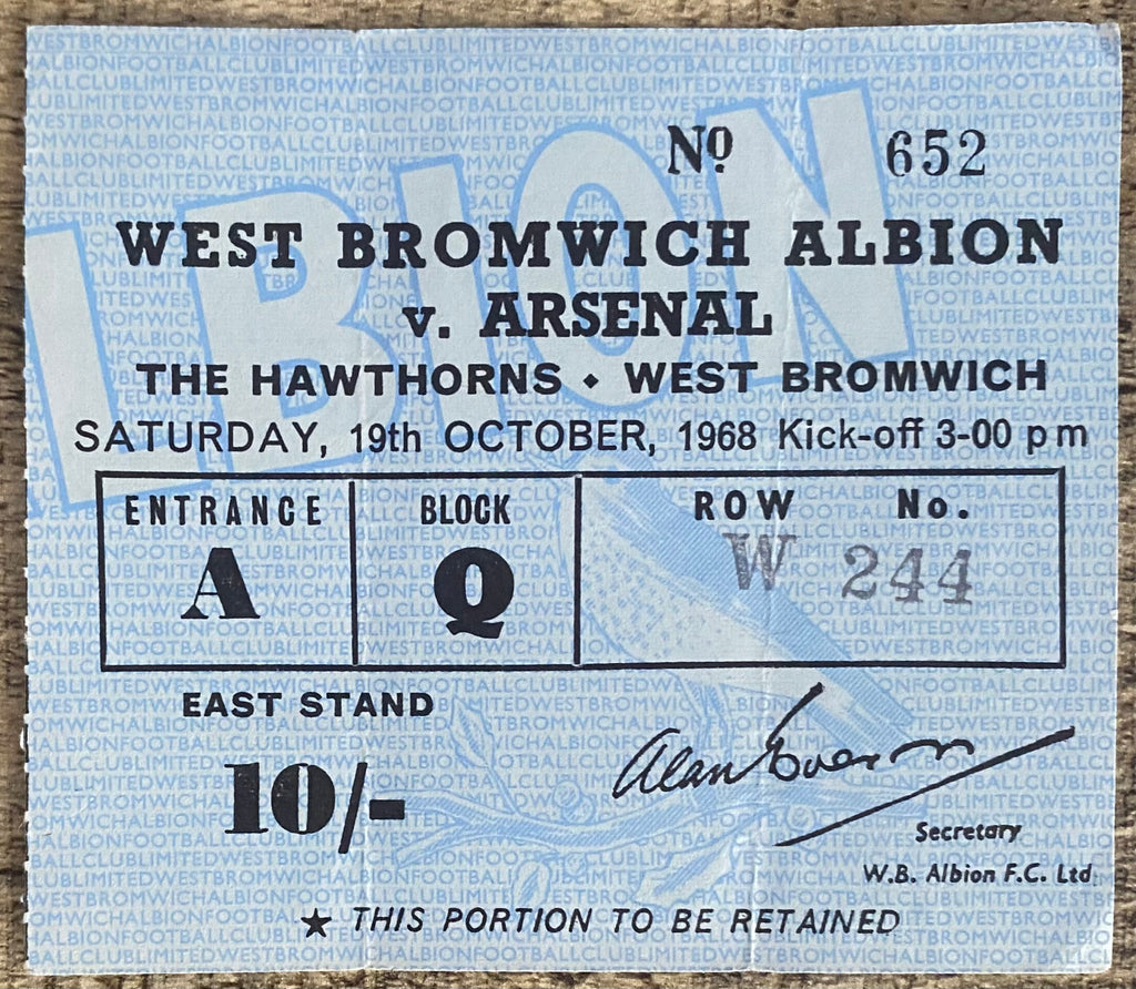 1968/69 ORIGINAL DIVISION ONE TICKET WEST BROMWICH ALBION V ARSENAL