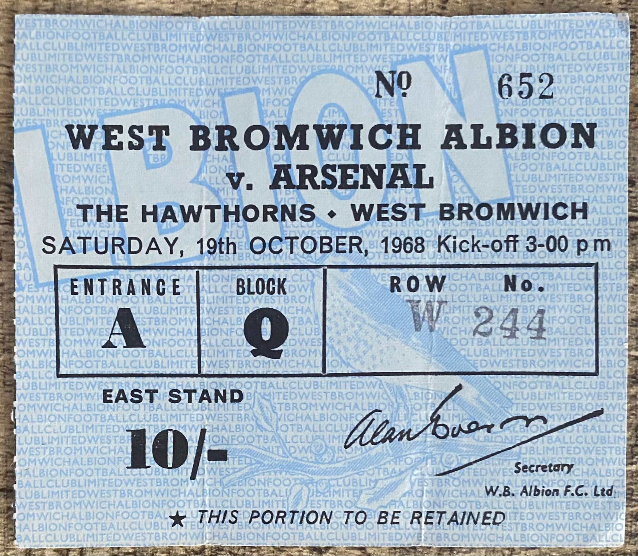 1968/69 ORIGINAL DIVISION ONE TICKET WEST BROMWICH ALBION V ARSENAL