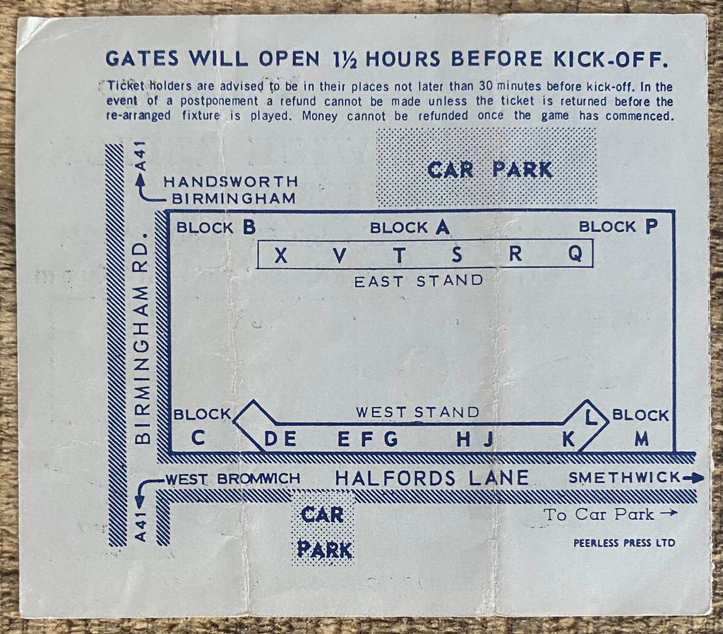1968/69 ORIGINAL DIVISION ONE TICKET WEST BROMWICH ALBION V ARSENAL