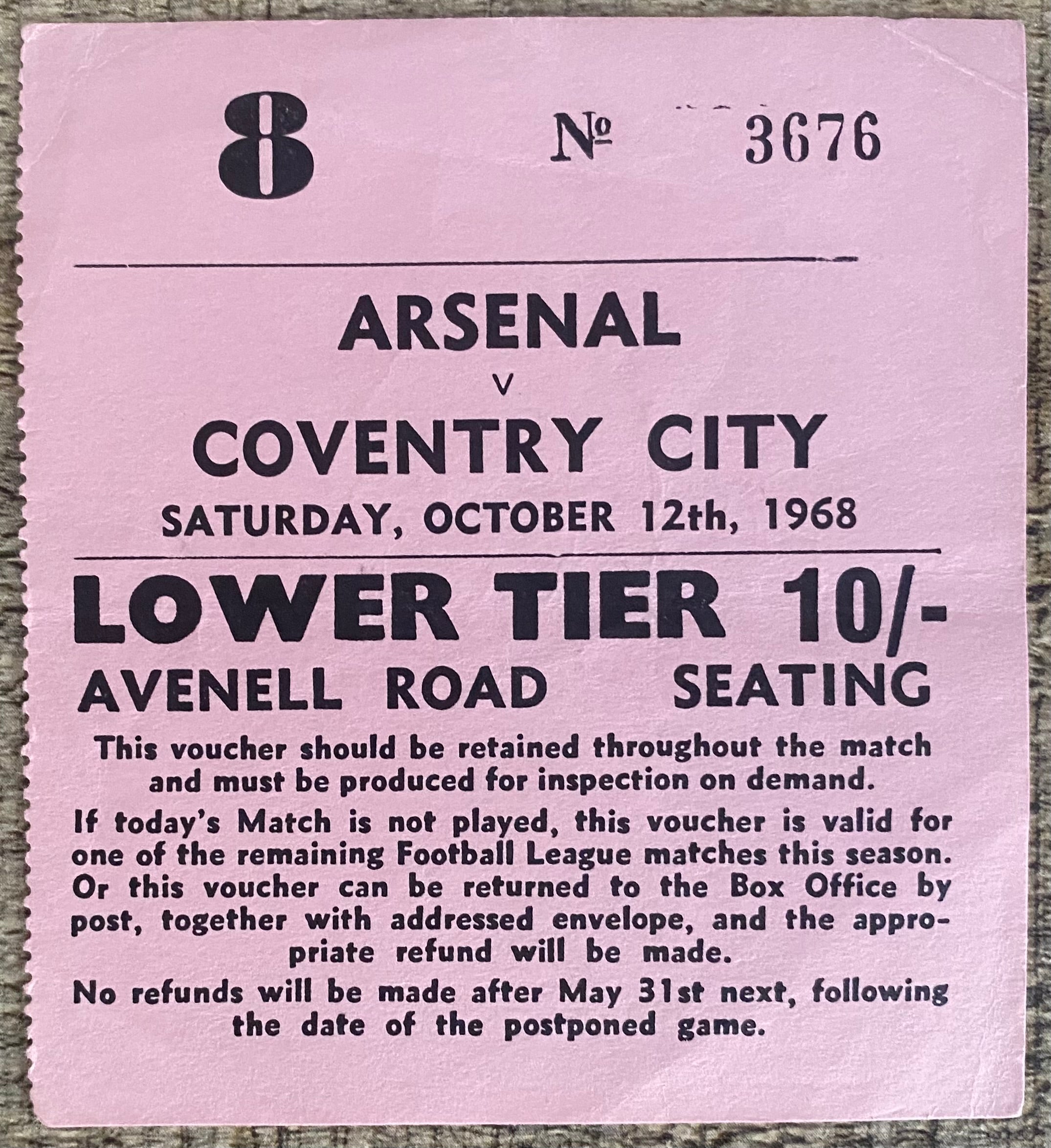 1968/69 ORIGINAL DIVISION ONE TICKET ARSENAL V COVENTRY CITY