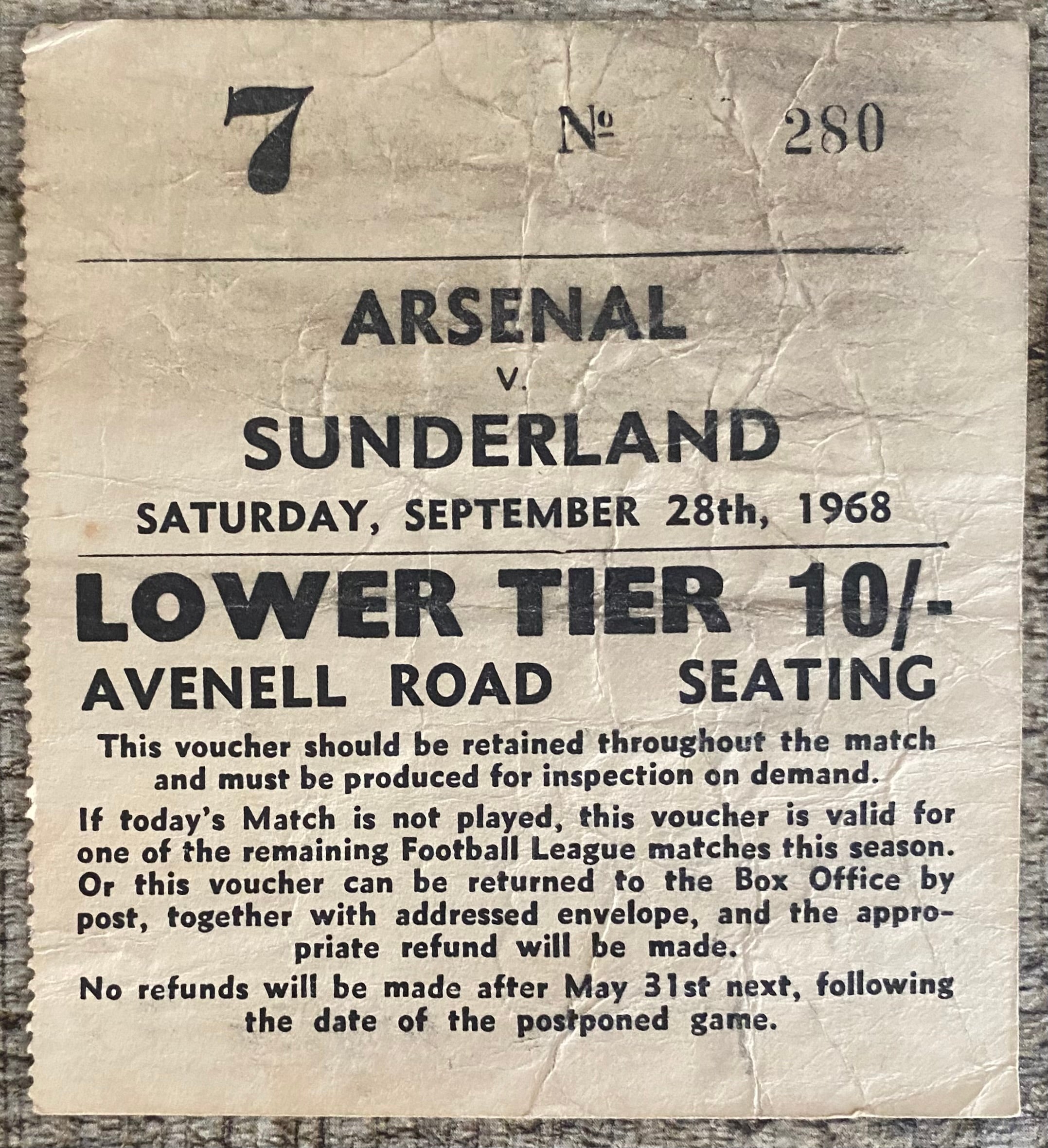 1968/69 ORIGINAL DIVISION ONE TICKET ARSENAL V SUNDERLAND