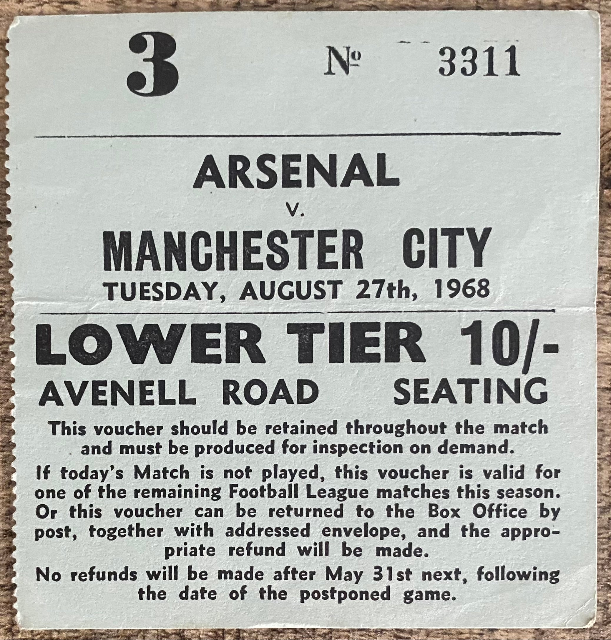 1968/69 ORIGINAL DIVISION ONE TICKET ARSENAL V MANCHESTER CITY