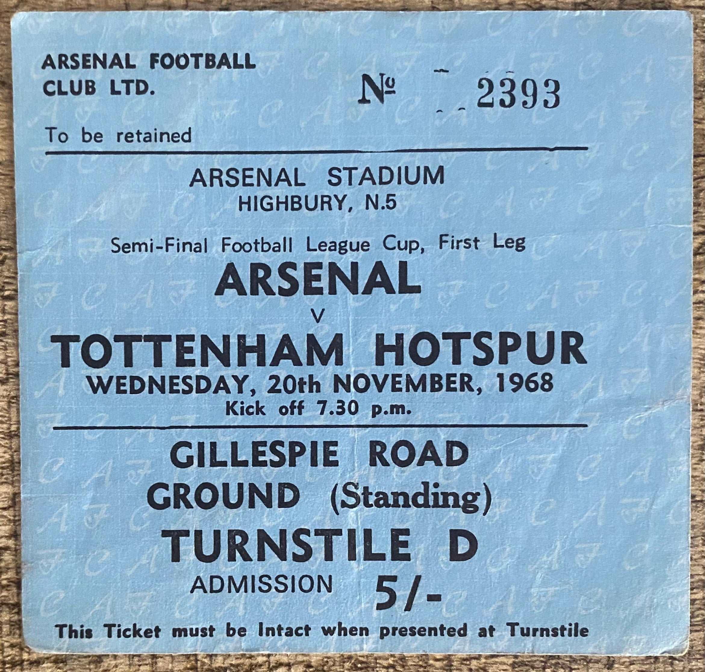 1968/69 ORIGINAL LEAGUE CUP SEMI FINAL 1ST LEG TICKET ARSENAL V TOTTENHAM HOTSPUR