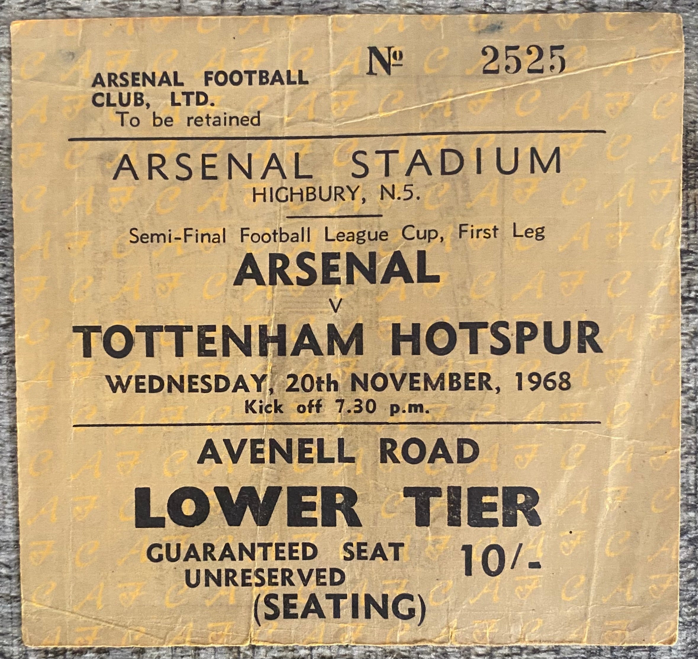 1968/69 ORIGINAL LEAGUE CUP SEMI FINAL 1ST LEG TICKET ARSENAL V TOTTENHAM HOTSPUR