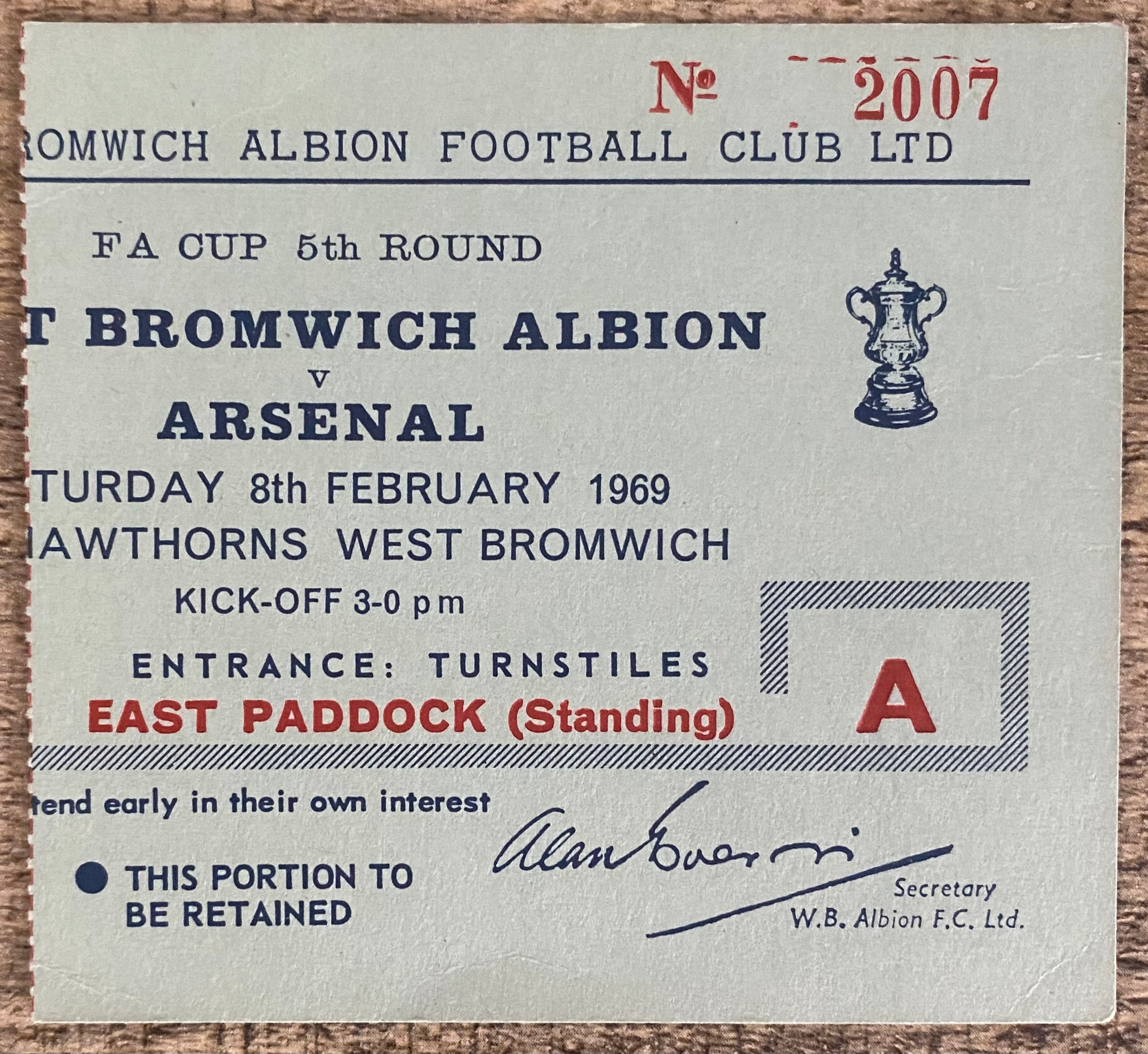 1968/69 ORIGINAL FA CUP 5TH ROUND TICKET WEST BROMWICH ALBION V ARSENAL