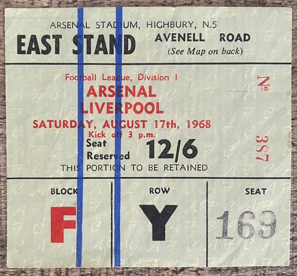 1968/69 ORIGINAL DIVISION ONE TICKET ARSENAL V LIVERPOOL