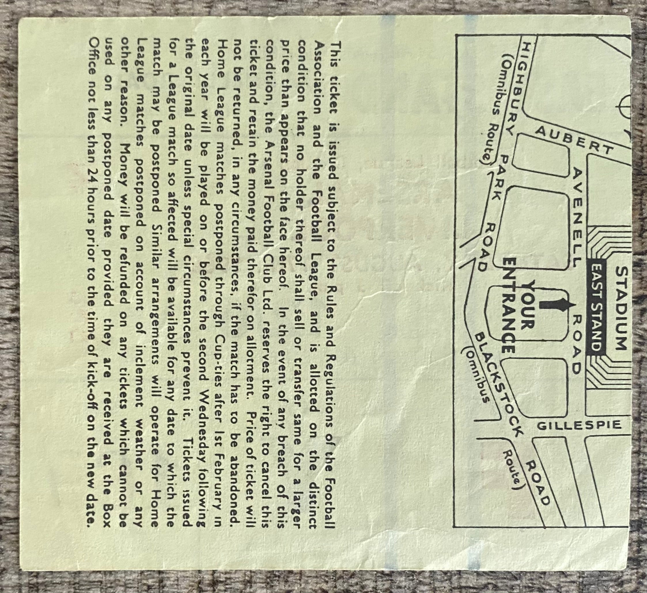 1968/69 ORIGINAL DIVISION ONE TICKET ARSENAL V LIVERPOOL