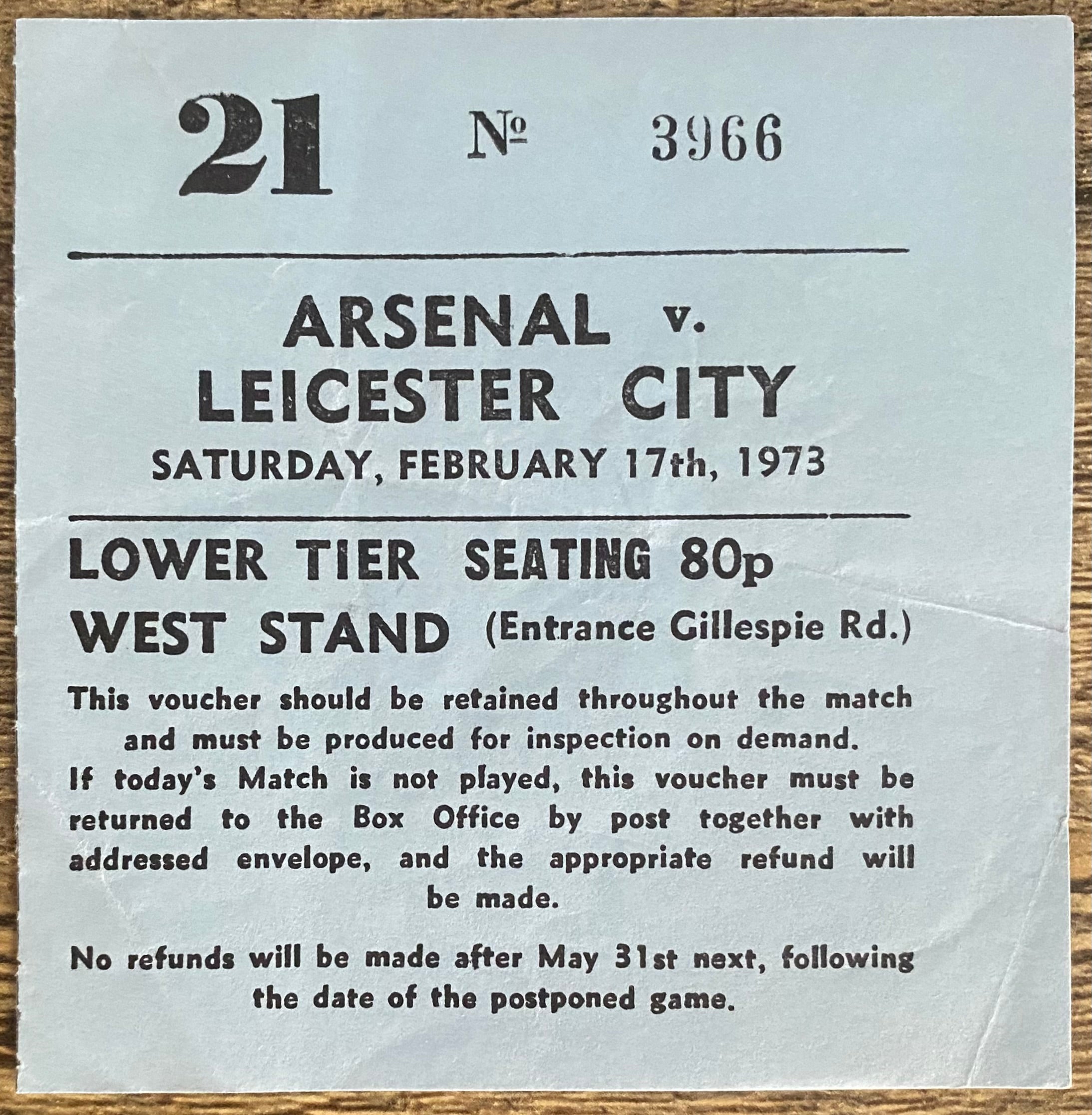 1972/73 ORIGINAL DIVISION ONE TICKET ARSENAL V LEICESTER CITY