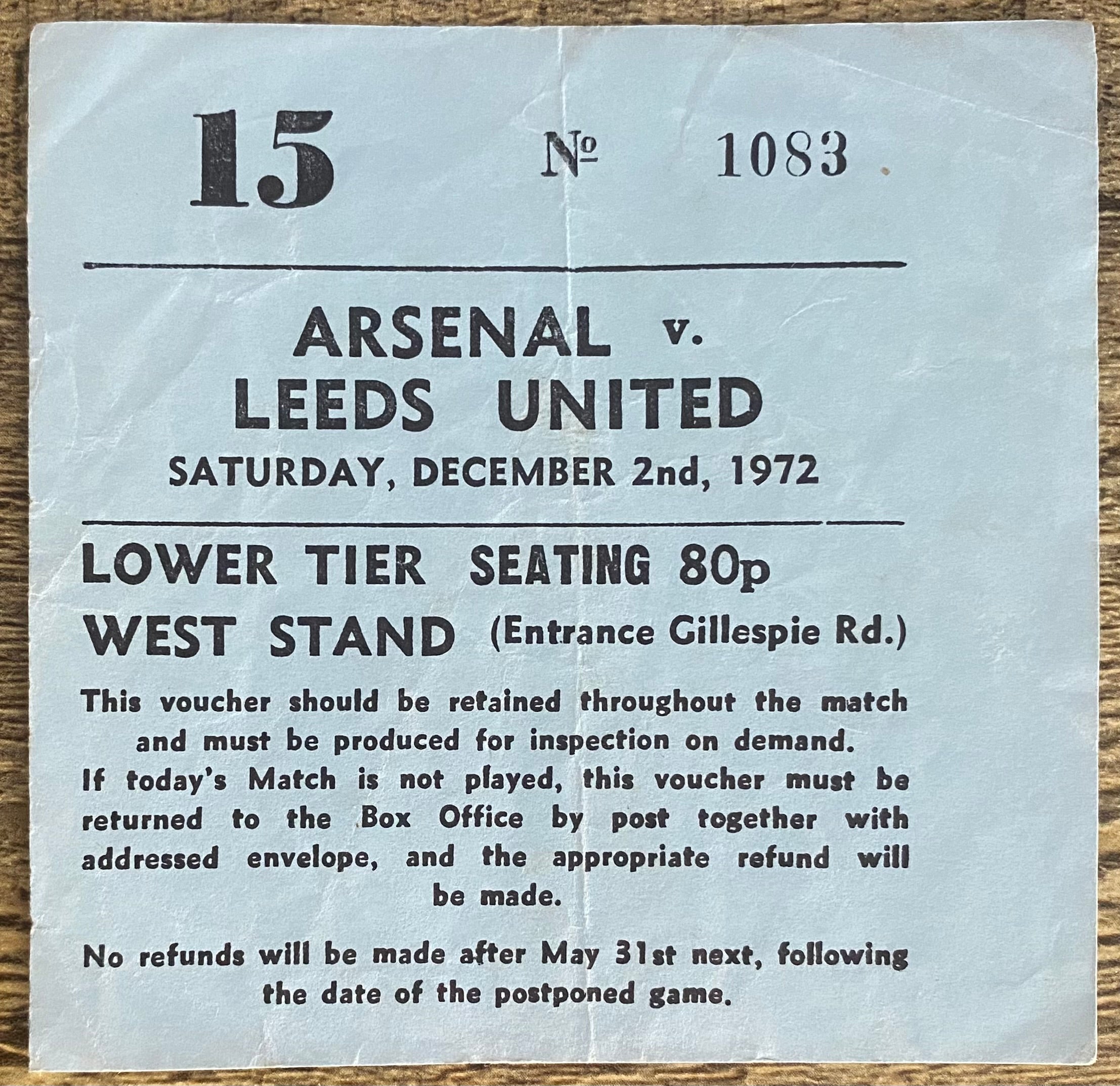 1972/73 ORIGINAL DIVISION ONE TICKET ARSENAL V LEEDS UNITED