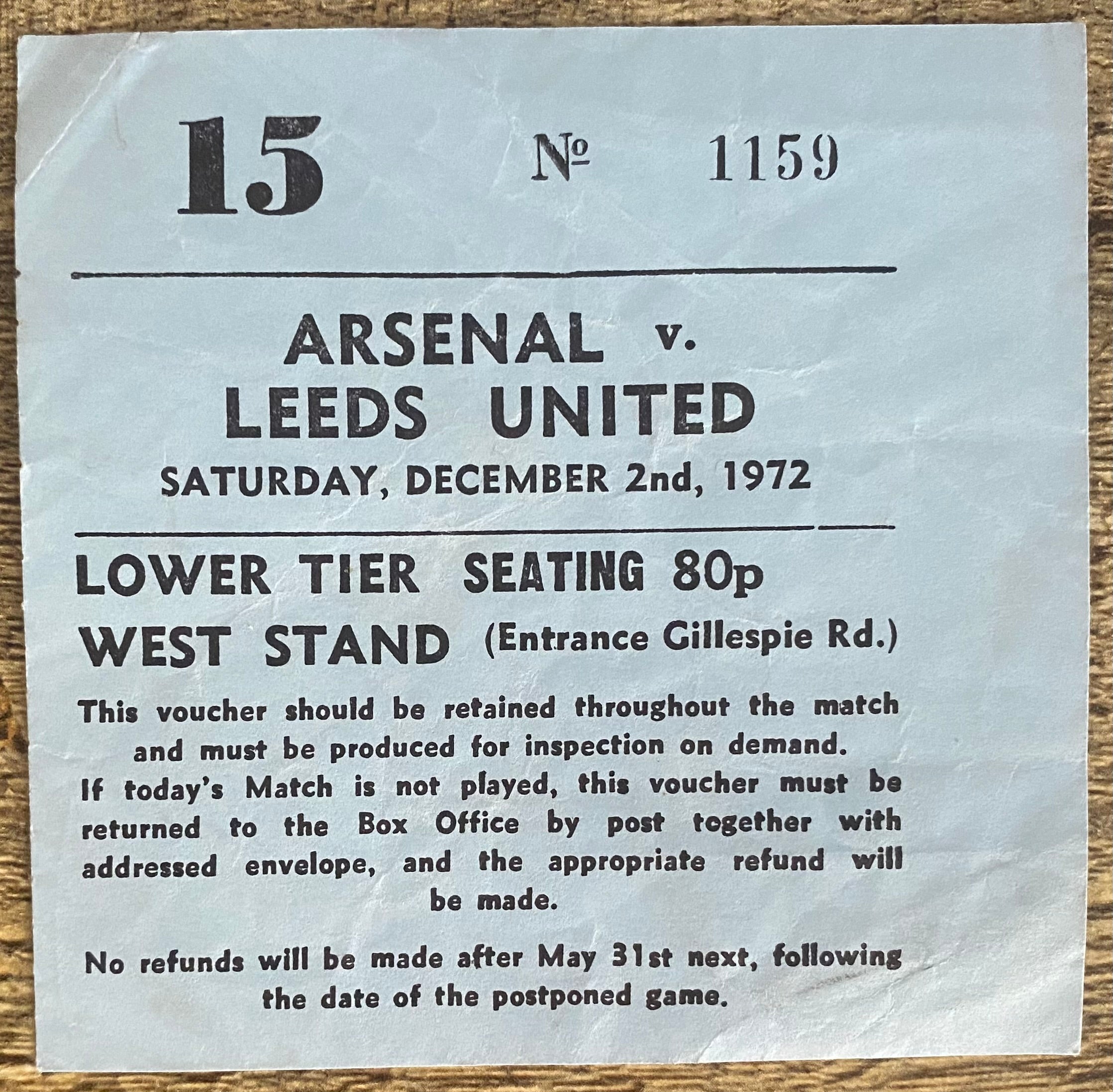 1972/73 ORIGINAL DIVISION ONE TICKET ARSENAL V LEEDS UNITED