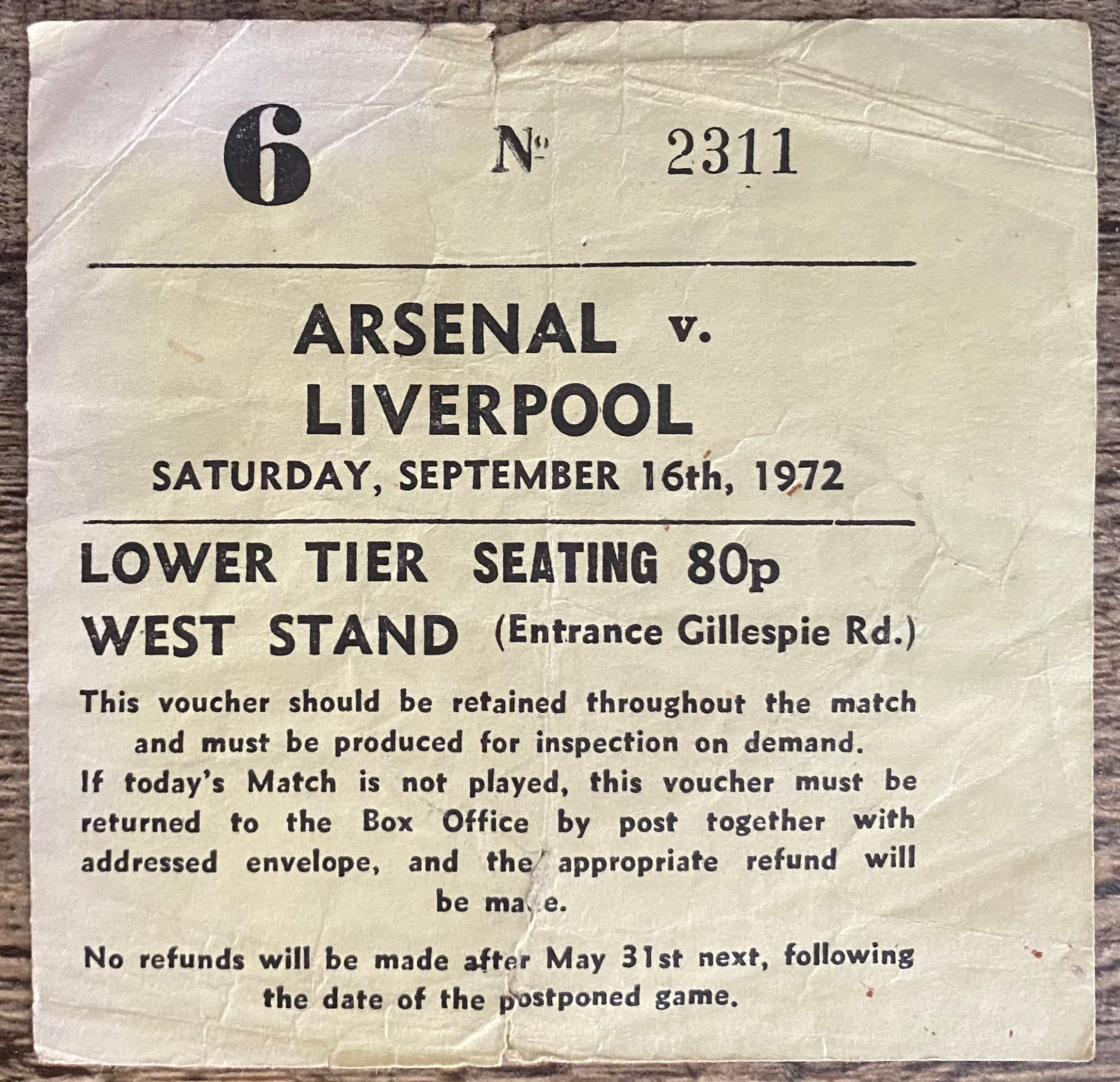 1972/73 ORIGINAL DIVISION ONE TICKET ARSENAL V LIVERPOOL