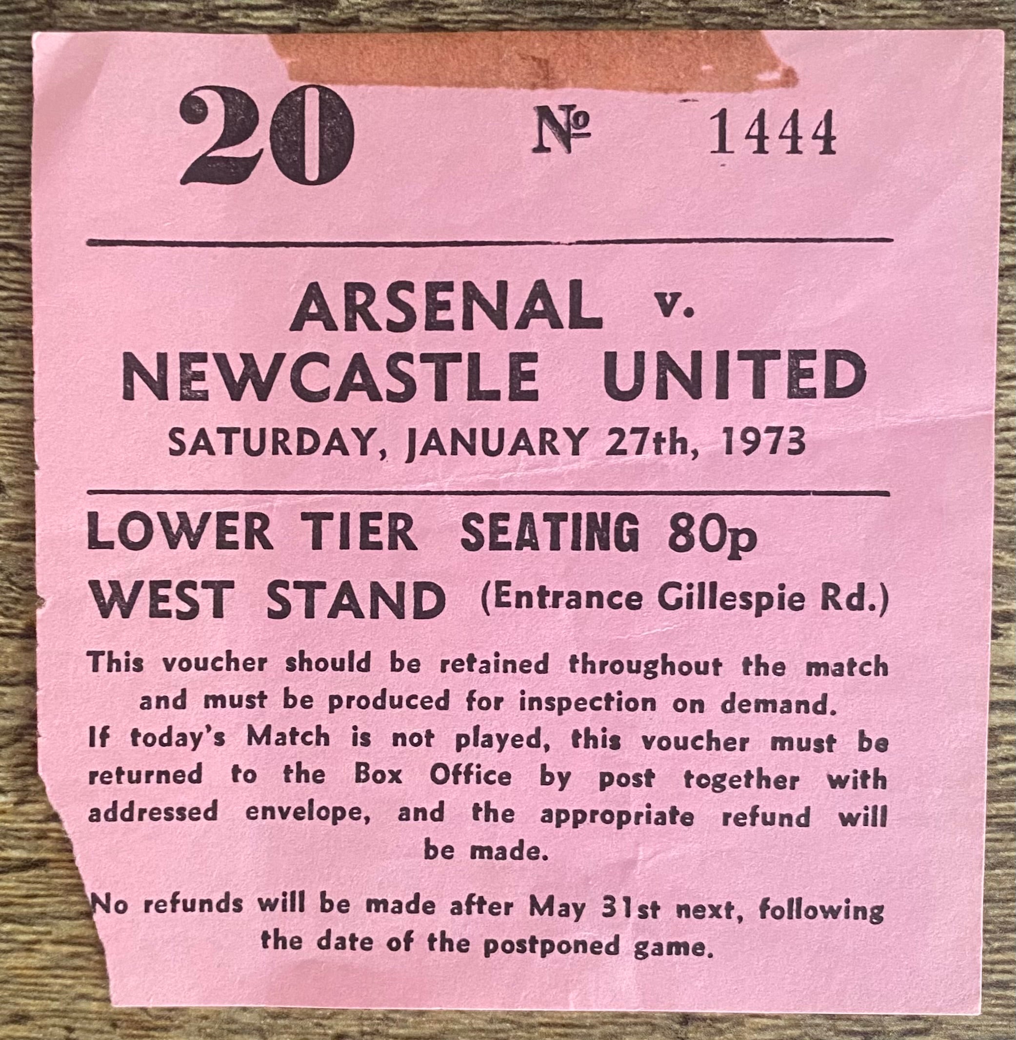 1972/73 ORIGINAL DIVISION ONE TICKET ARSENAL V NEWCASTLE UNITED