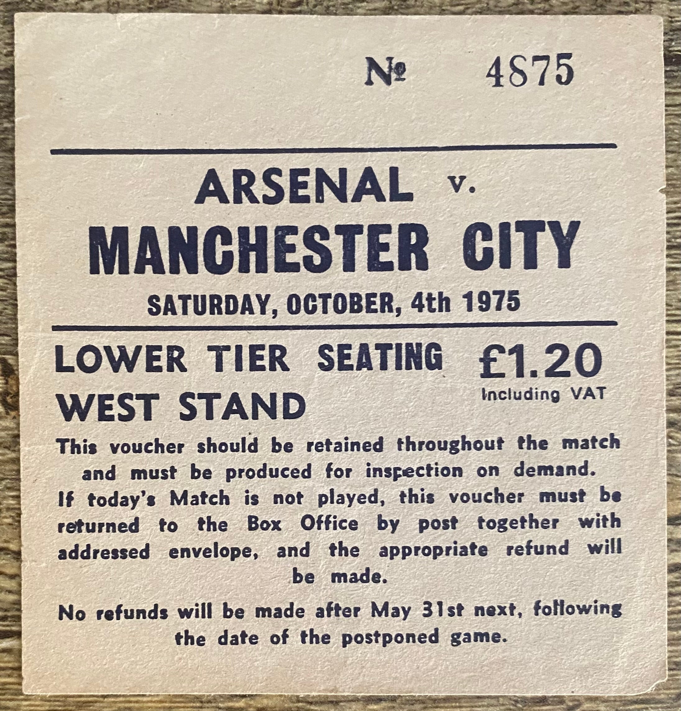 1975/76 ORIGINAL DIVISION ONE TICKET ARSENAL V MANCHESTER CITY