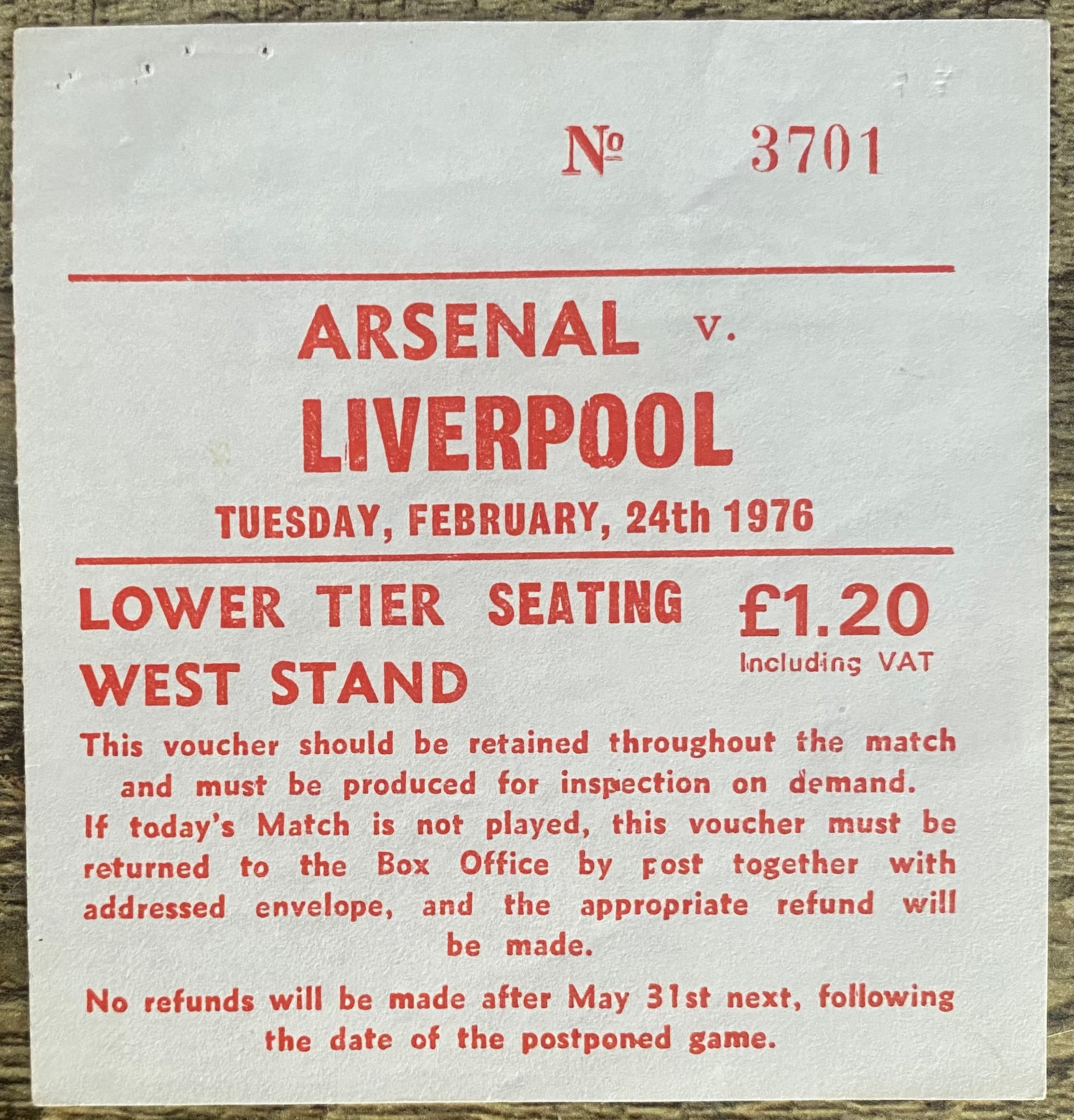 1975/76 ORIGINAL DIVISION ONE TICKET ARSENAL V LIVERPOOL