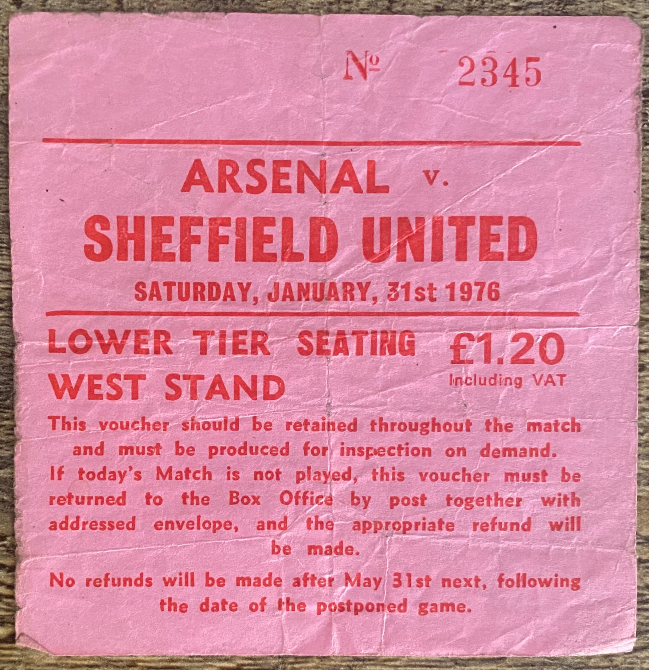 1975/76 ORIGINAL DIVISION ONE TICKET ARSENAL V SHEFFIELD UNITED