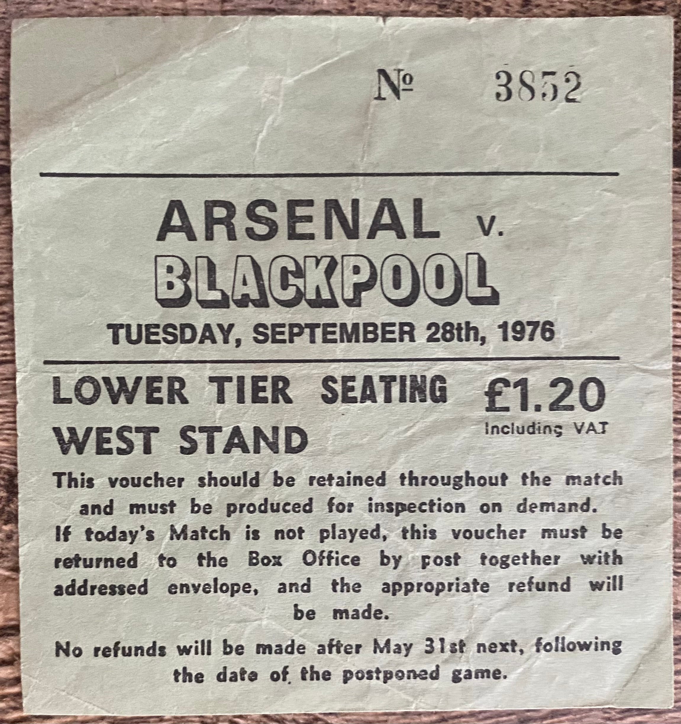 1976/77 ORIGINAL LEAGUE CUP 3RD ROUND REPLAY TICKET ARSENAL V BLACKPOOL