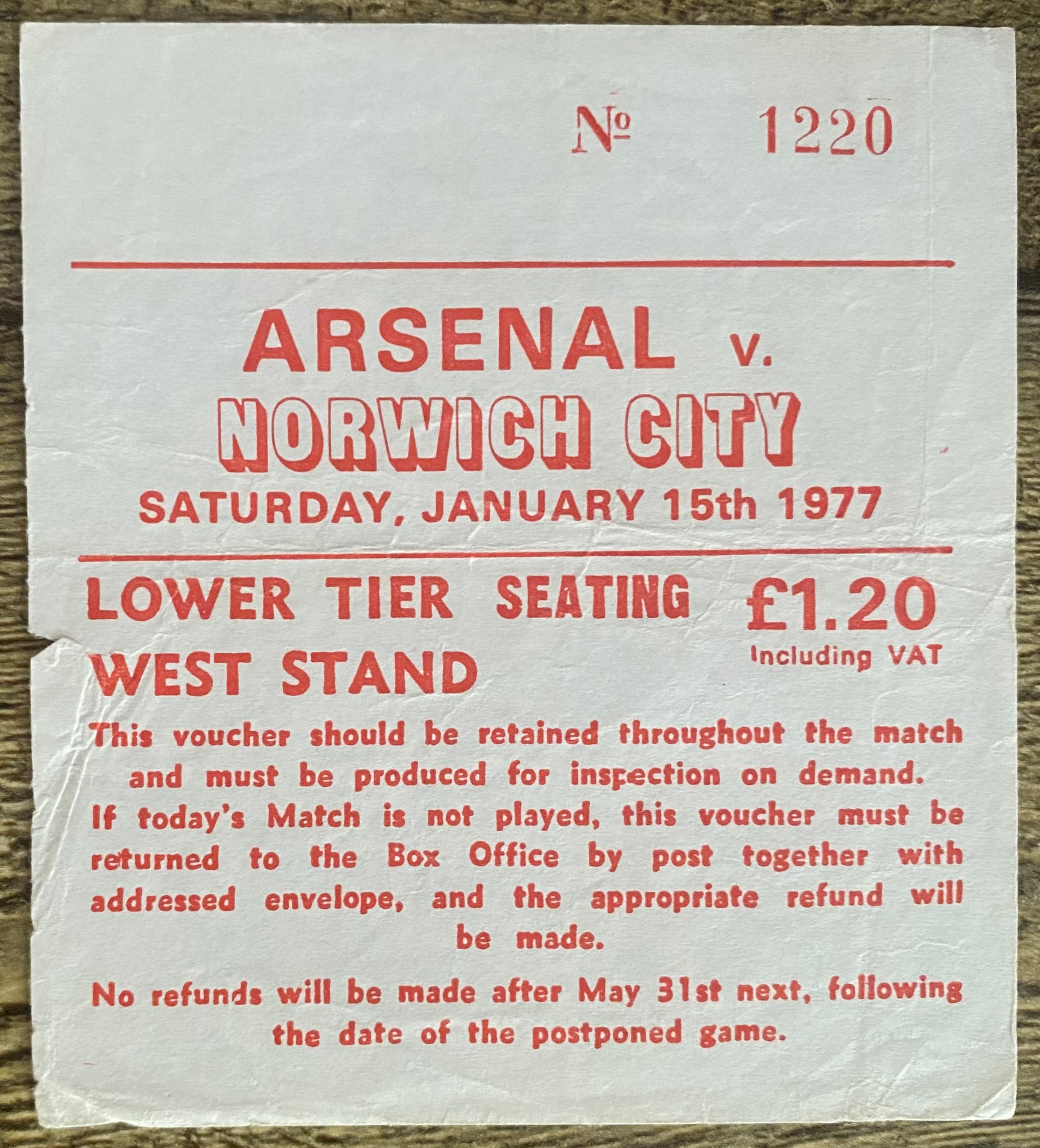 1976/77 ORIGINAL DIVISION ONE TICKET ARSENAL V NORWICH CITY