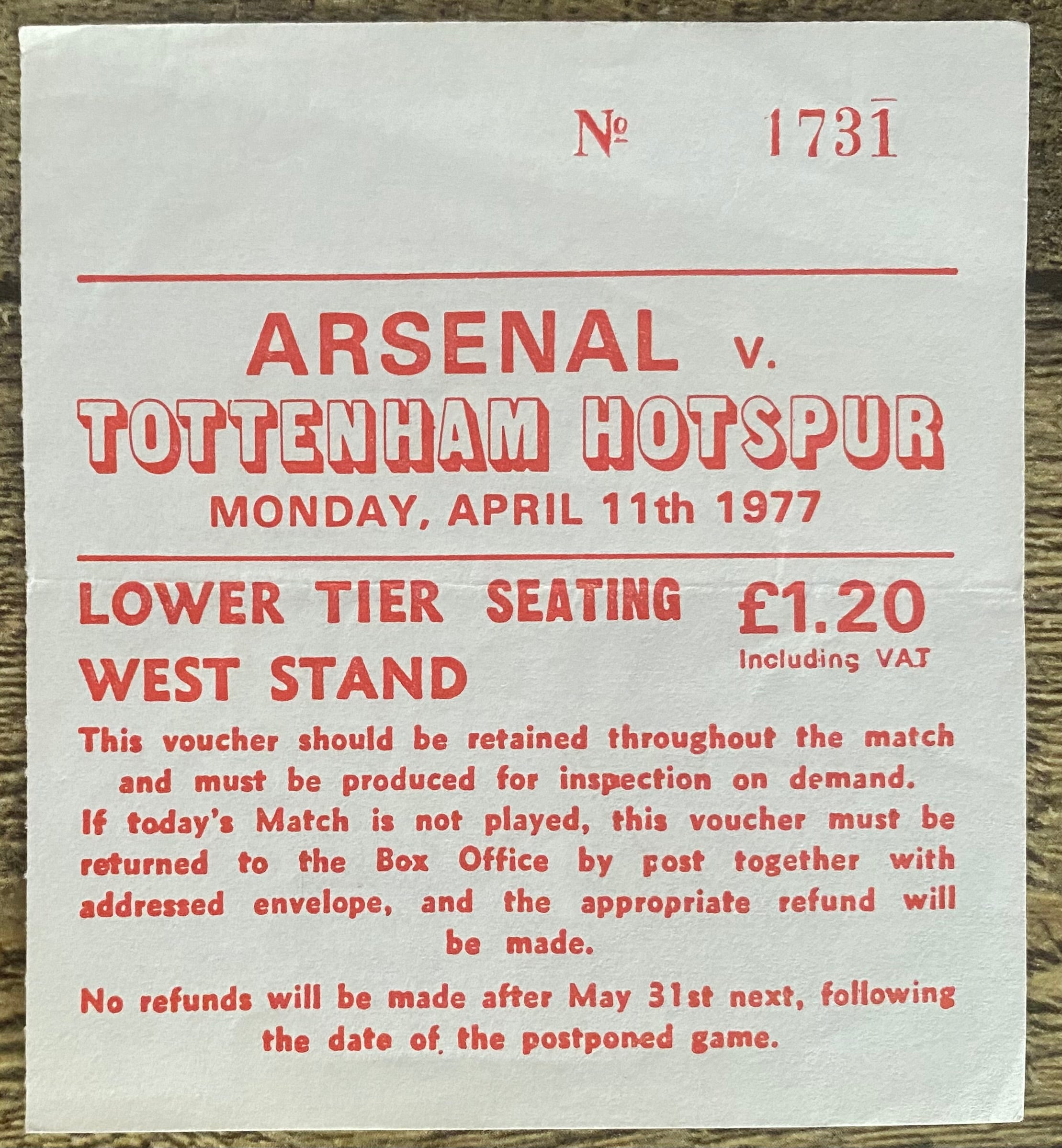1976/77 ORIGINAL DIVISION ONE TICKET ARSENAL V TOTENHAM HOTSPUR