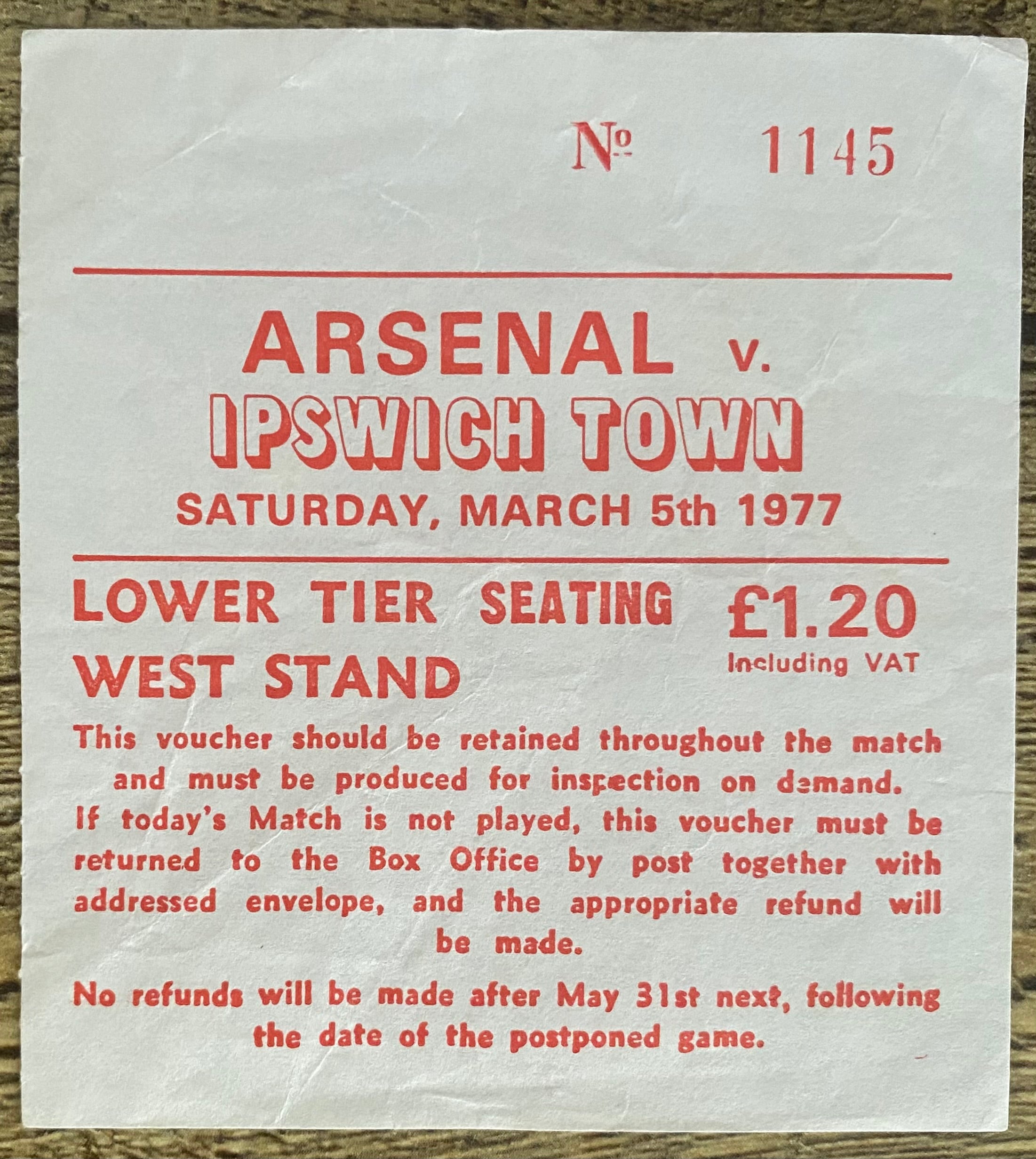1976/77 ORIGINAL DIVISION ONE TICKET ARSENAL V IPSWICH TOWN