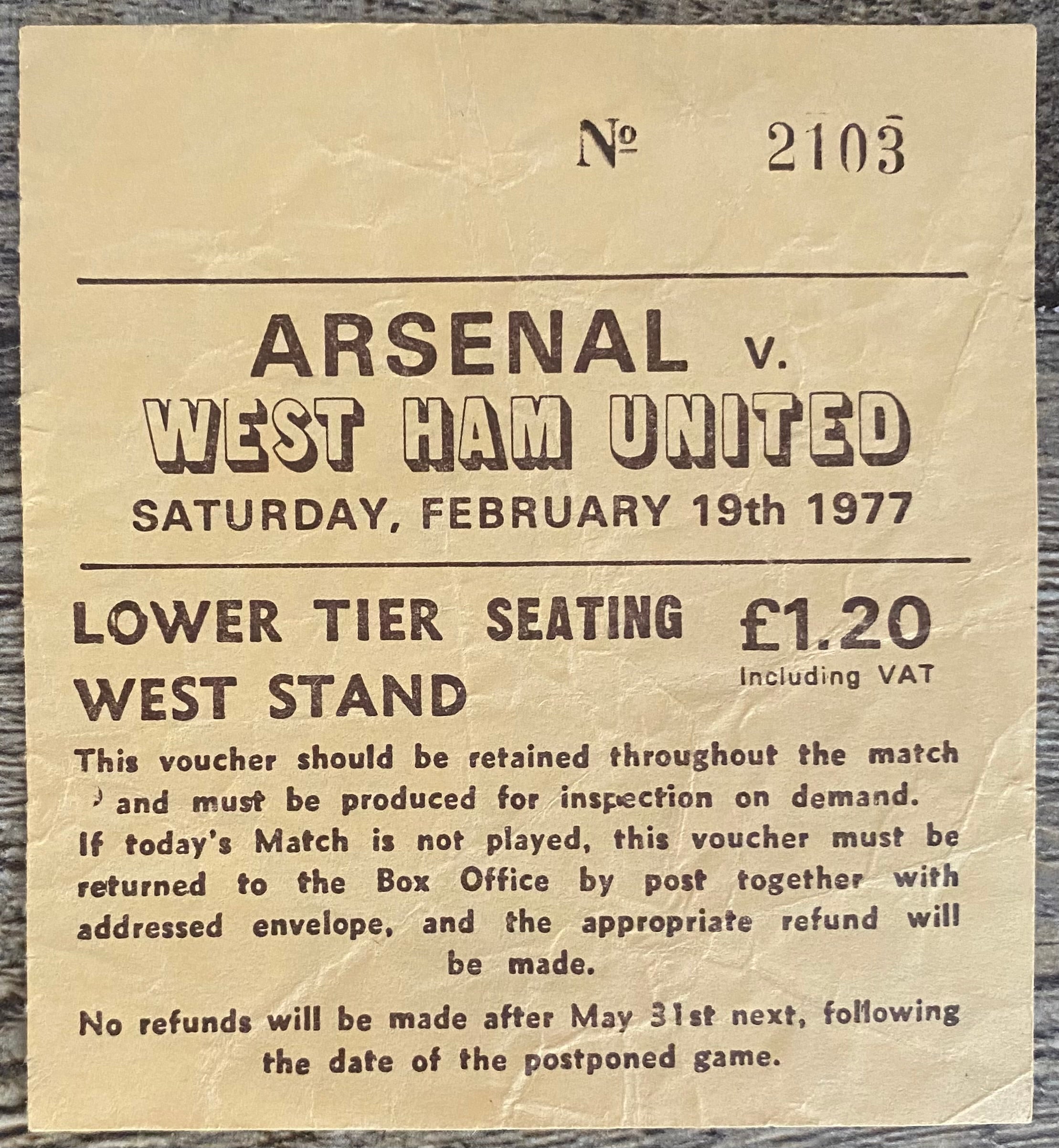 1976/77 ORIGINAL DIVISION ONE TICKET ARSENAL V WEST HAM UNITED