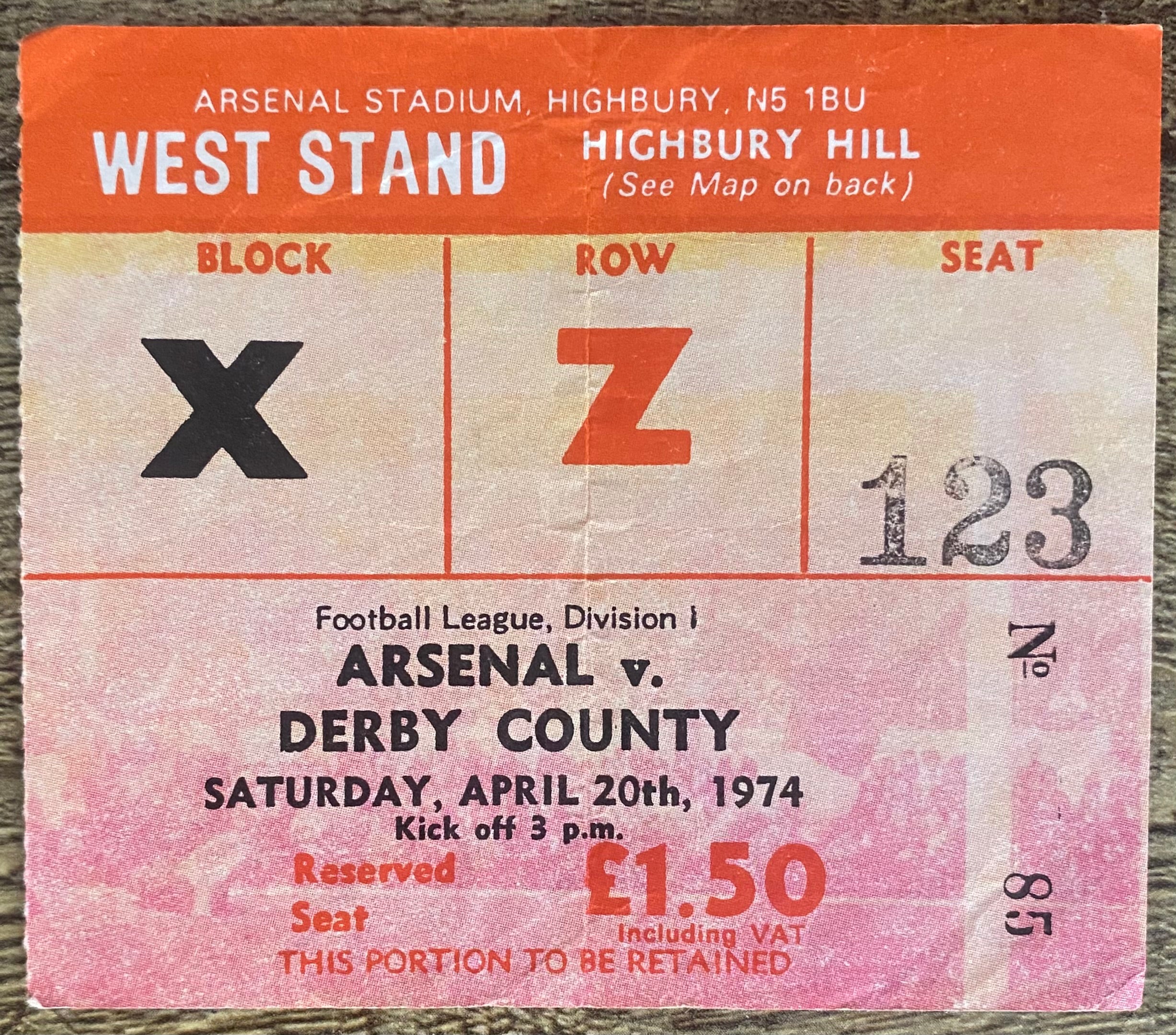 1973/74 ORIGINAL DIVISION ONE TICKET ARSENAL V DERBY COUNTY