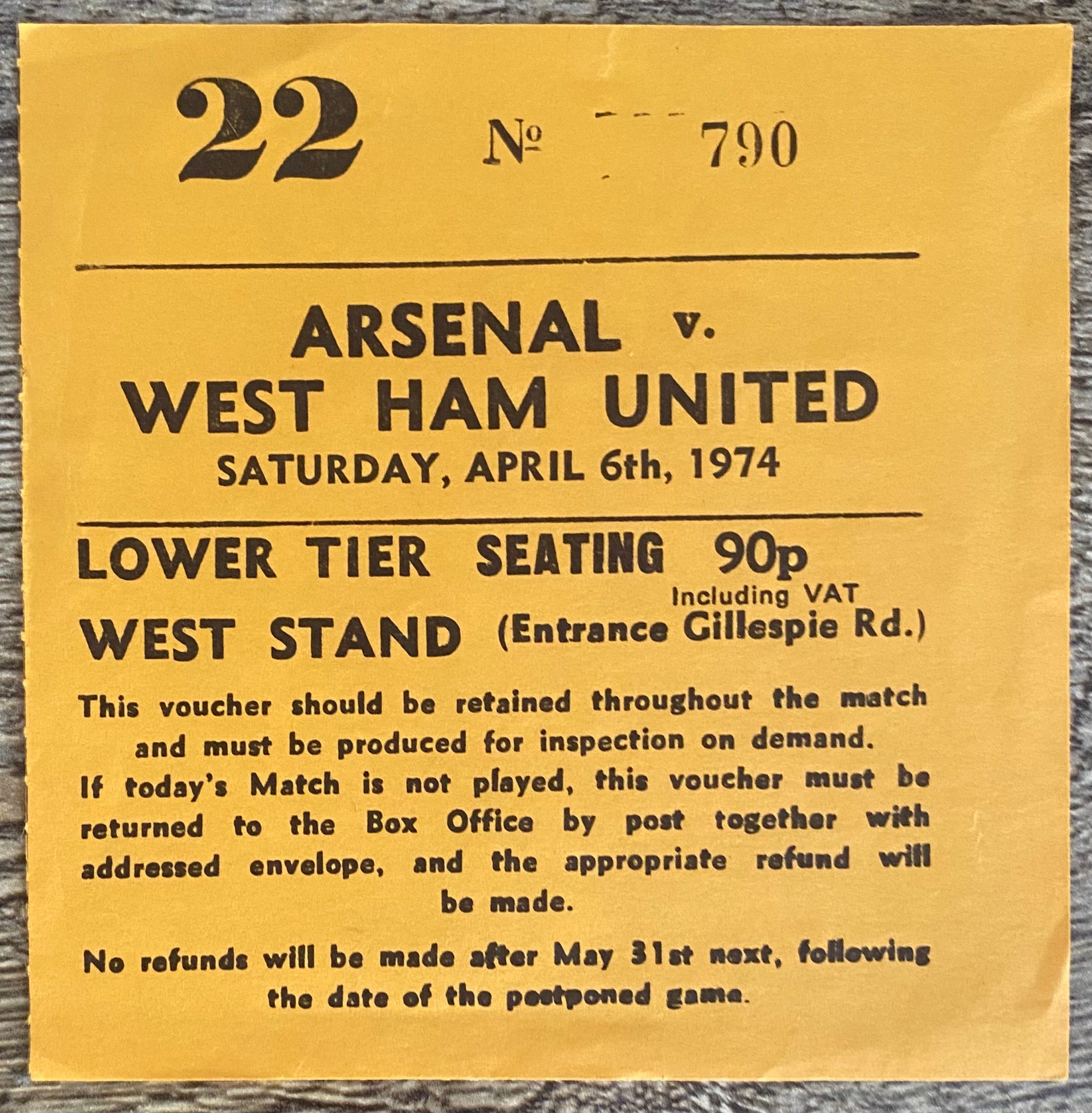 1973/74 ORIGINAL DIVISION ONE TICKET ARSENAL V WEST HAM UNITED