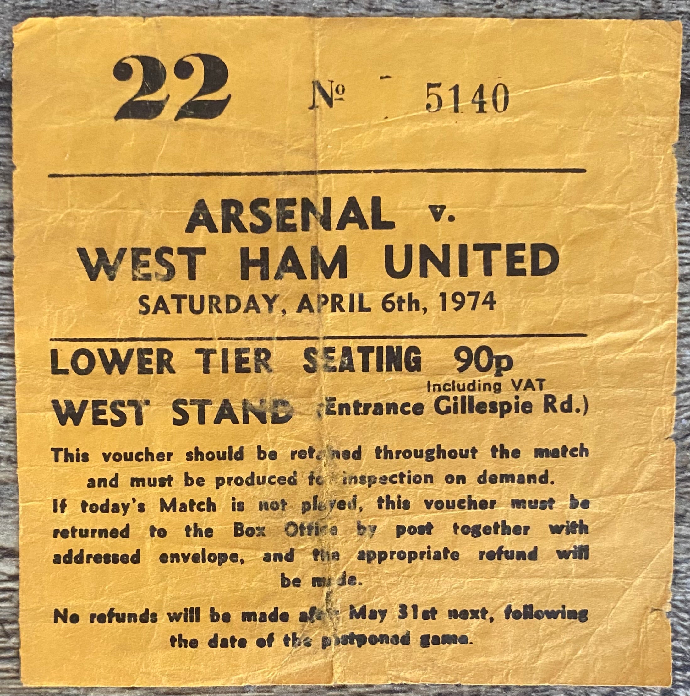 1973/74 ORIGINAL DIVISION ONE TICKET ARSENAL V WEST HAM UNITED