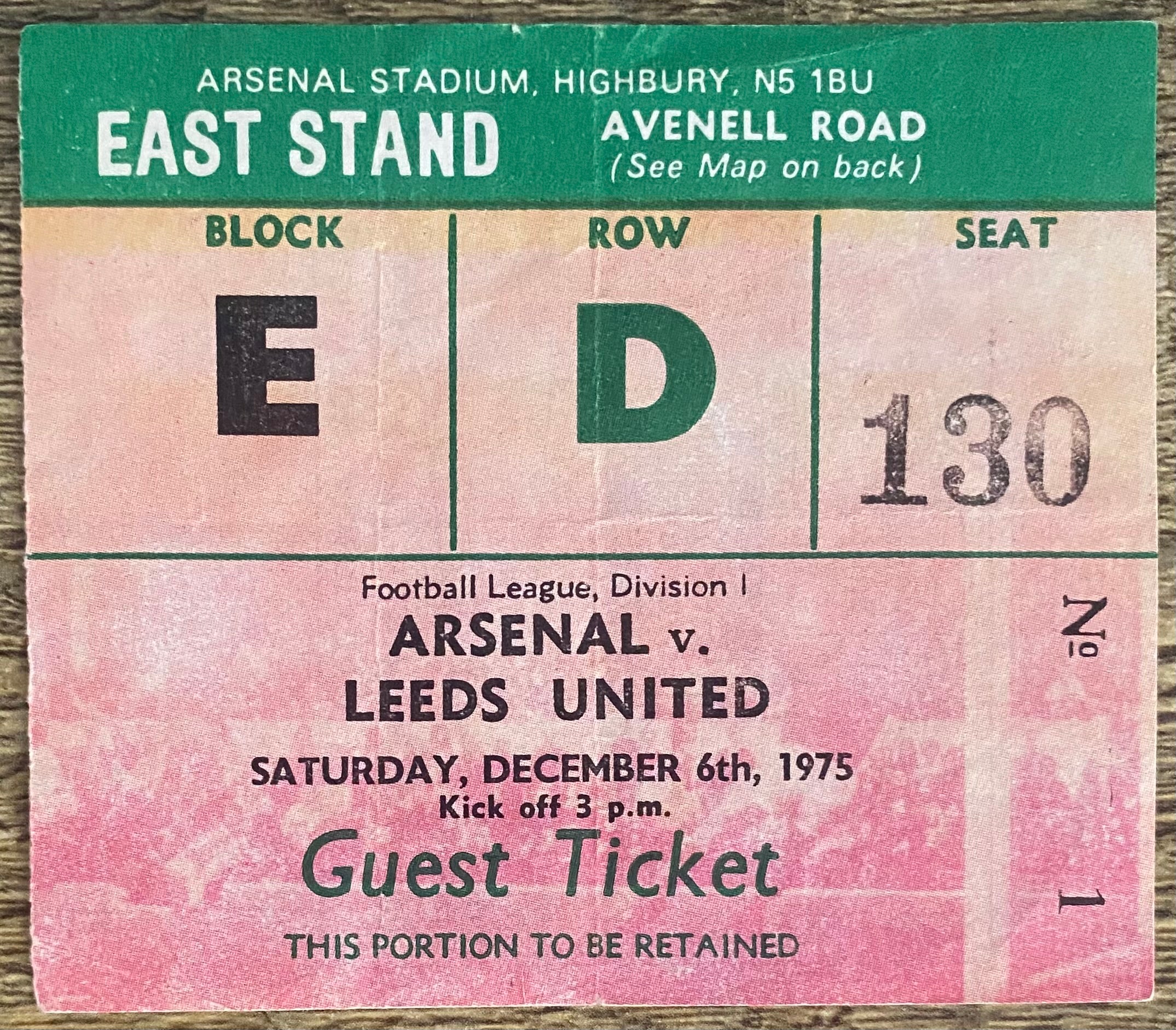 1975/76 ORIGINAL DIVISION ONE TICKET ARSENAL V LEEDS UNITED